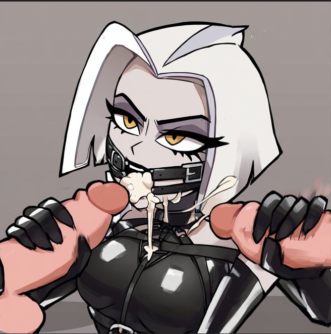 1girls, 2boys, ai generated, angel, bdsm gear, black lipstick, blowjob, bondage, corset, cum in mouth, female, gag, gloves, hazbin hotel, human, lute (hazbin hotel), male, penis, ring gag, sex slave
