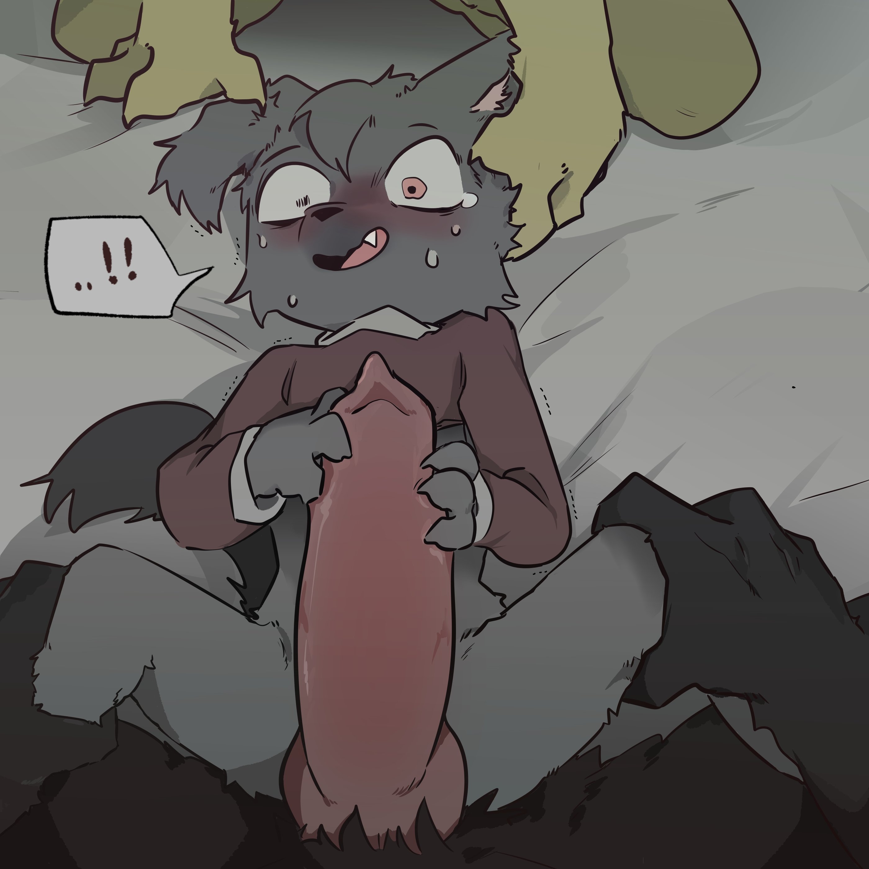 absurd res, animal genitalia, animal penis, anthro, anthro on anthro, anthro only, bed, big penis, black body, blush, bodily fluids, bottomless, canid, canine, canine genitalia, canine penis, canis, clothed, clothing, embarrassed, erection, femboy, first person view, furniture, gay, gay anal, gay male, gay sex, genitals, head grab, hi res, high-angle view, homosexual, homosexual male, homosexual sex, huge cock, kneeling, leg grab, lying, male, male only, male penetrated, male penetrating, male penetrating male, male/male, mammal, nervous smile, on back, on bed, open mouth, penis, scared, size difference, solo, spread legs, spreading, sweat, topwear, vitame83, wolf, yaoi, yellow body