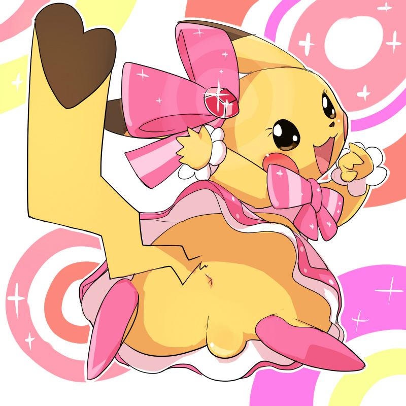 1boy anus ass balls bow clothing cosplay_pikachu crossdressing dress femboy feral feral_male furry looking_at_viewer looking_back male male_only manmosu_marimo nintendo open_mouth pikachu pikachu_pop_star pokemon pokemon_(species) solo yellow_fur