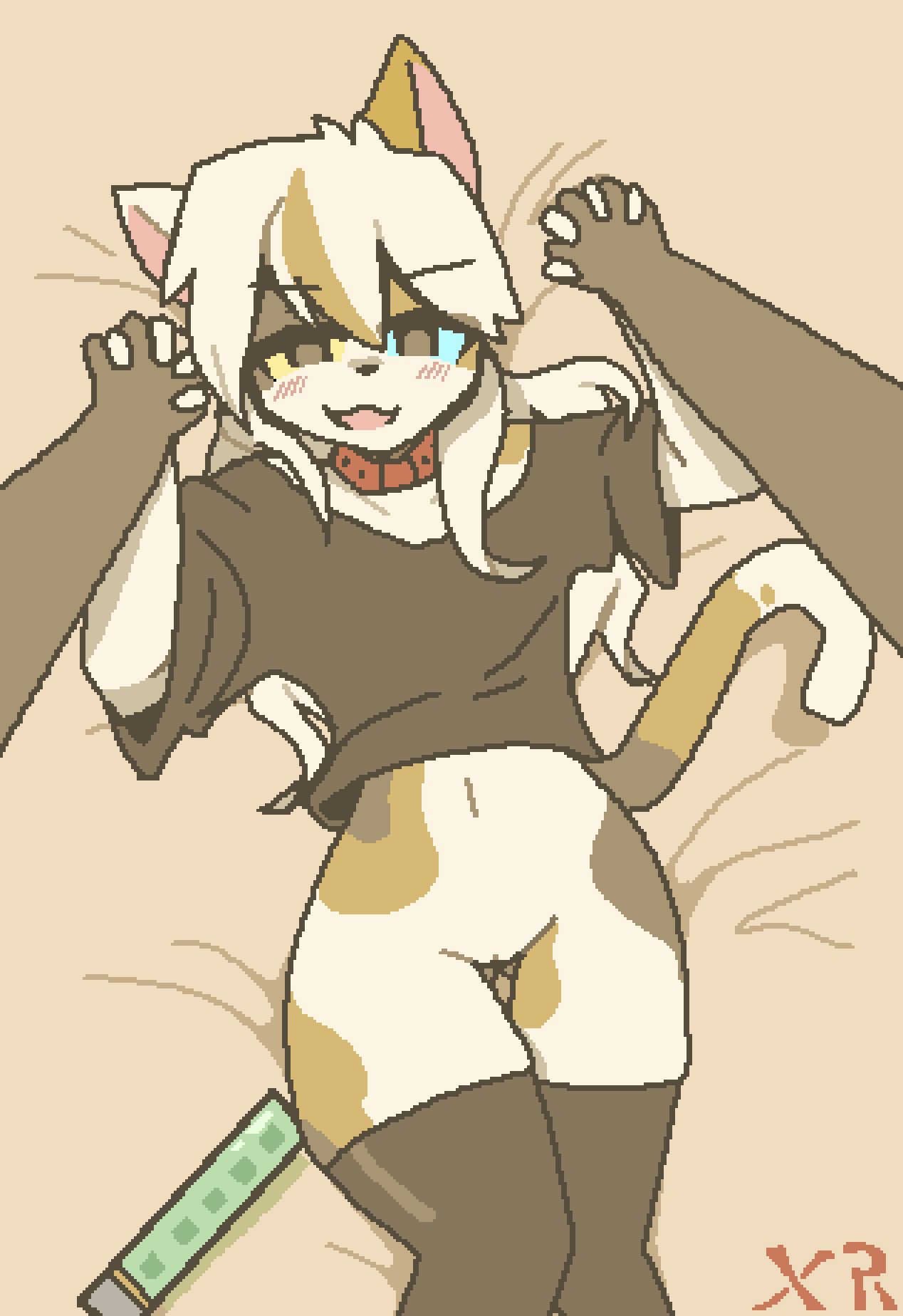 bottomless cat_ears cat_tail catgirl collar flat_chest holding_hands imminent_sex imxr24 lying_on_bed minecraft_mob pussy sex_toy thighhighs