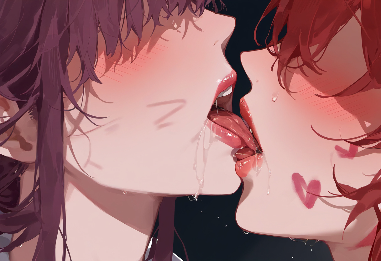 2girls, ai generated, enemies to lovers, enemies with benefits, female, himeko (honkai: star rail), honkai (series), honkai: star rail, hoyoverse, kafka (honkai: star rail), kissing, lesbian, lesbian kiss, lesbians, purple hair, red hair, saliva, yuri