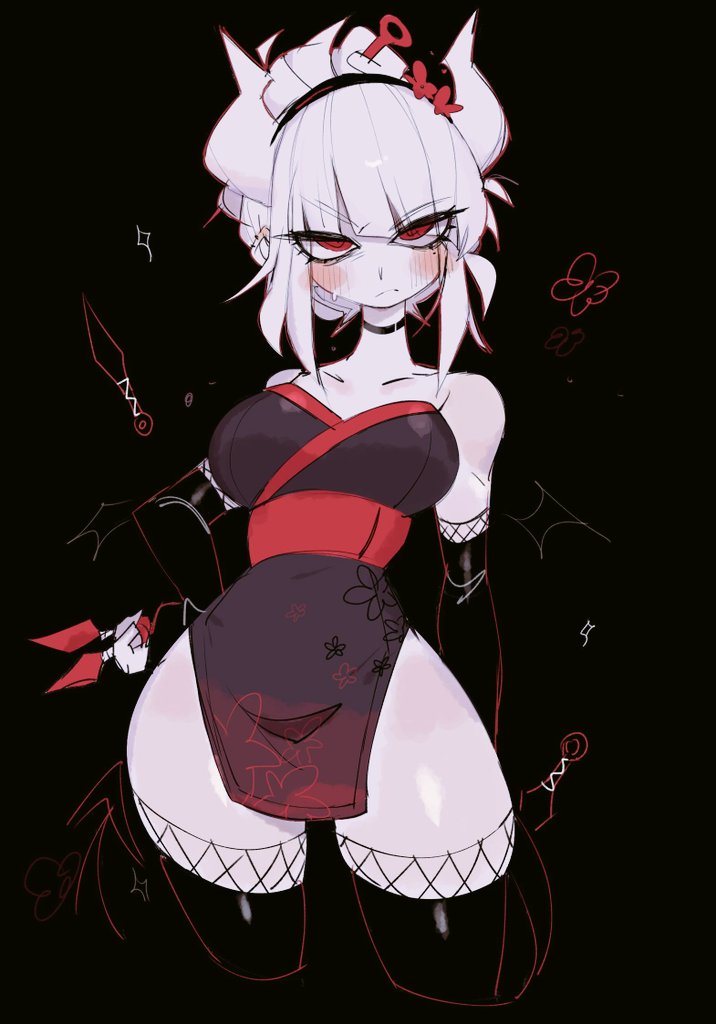 1girls big_breasts black_background blush blush_lines breasts clothed_female demon_girl helltaker horns kunai lucifer_(helltaker) mole mole_under_eye ninja red_eyes thick_thighs thighs usa37107692 white_body white_hair