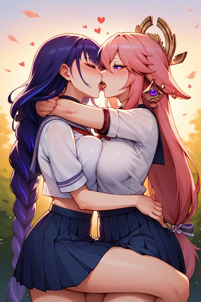 ai generated, blush, female, friends with benefits, genshin impact, holding each other, hoyoverse, lesbian kiss, pink hair, purple hair, raiden shogun, romantic, yae miko, yuri