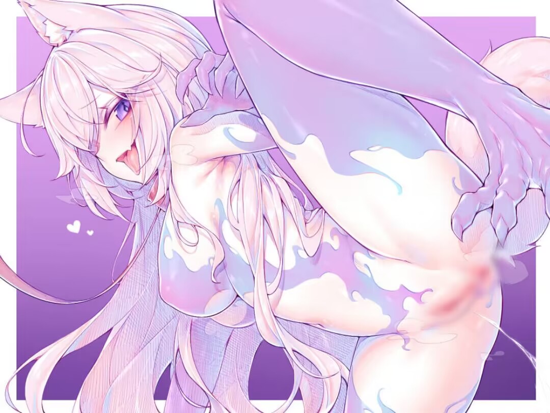 animal_ears blur_censor breasts cat_ears cat_girl cat_tail censored claws commentary_request completely_nude female gradient_background indie_virtual_youtuber kupa_(jesterwii) long_hair medium_breasts navel nipples nude nyatasha_nyanners oerba_yun_fang open_mouth purple_background purple_eyes pussy skin_fang solo standing standing_on_one_leg tail tongue tongue_out virtual_youtuber white_hair