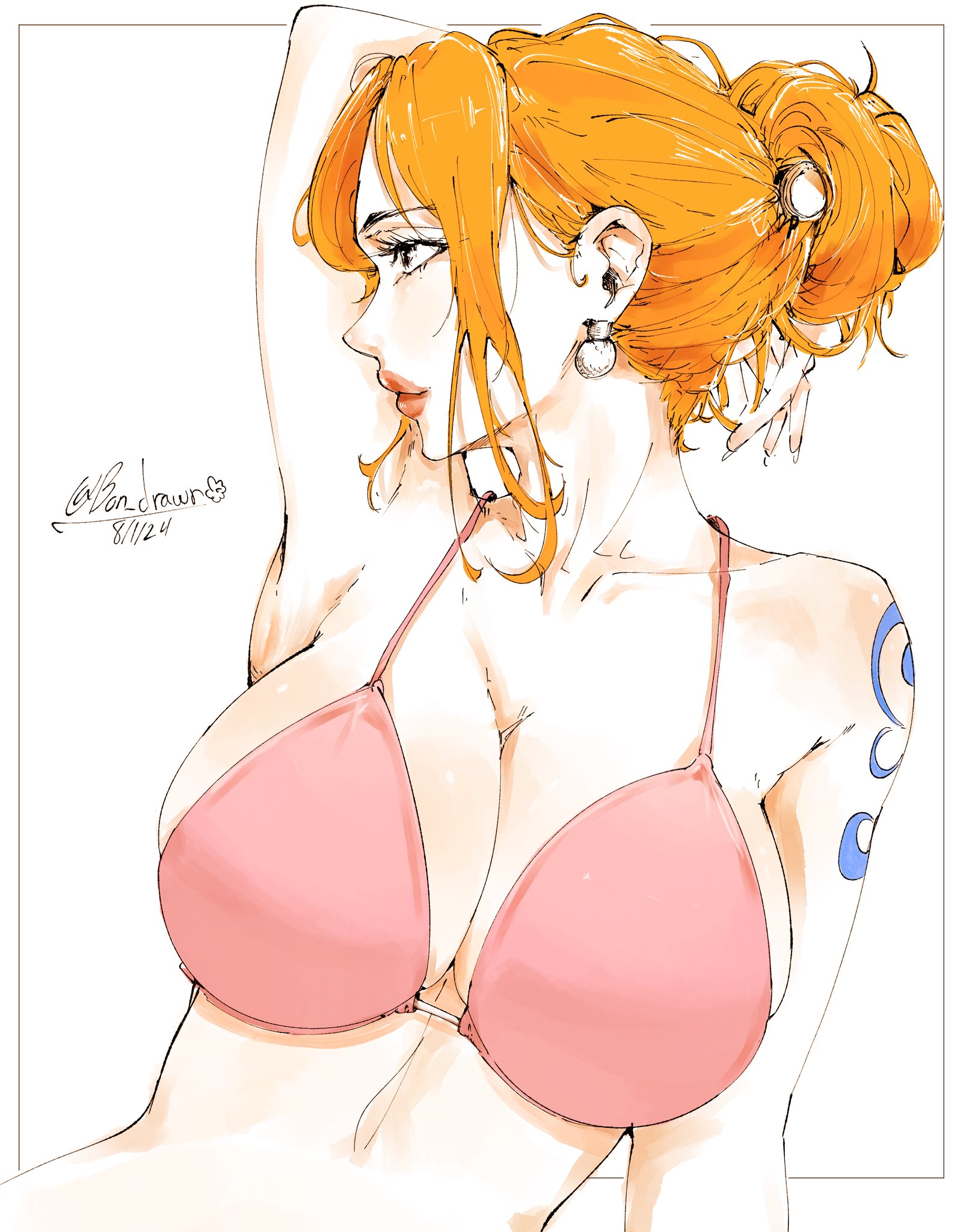 1girls, 2d (artwork), arm tattoo, armpits, big breasts, blue tattoo, bon drawr, breasts, female, female focus, female only, long hair, nami (one piece), one piece, orange hair, orange-haired female, post-timeskip, swimwear, tattoo
