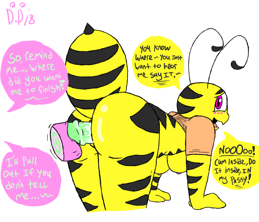 antennae anthro ass bee bent_over blush breasts comic dialogue dunwichdaddy english_text female greta_(dunwichdaddy) insect_abdomen insects male nipples pink_eyes shirt_only striped_body underboob vaginal_penetration yellow_skin