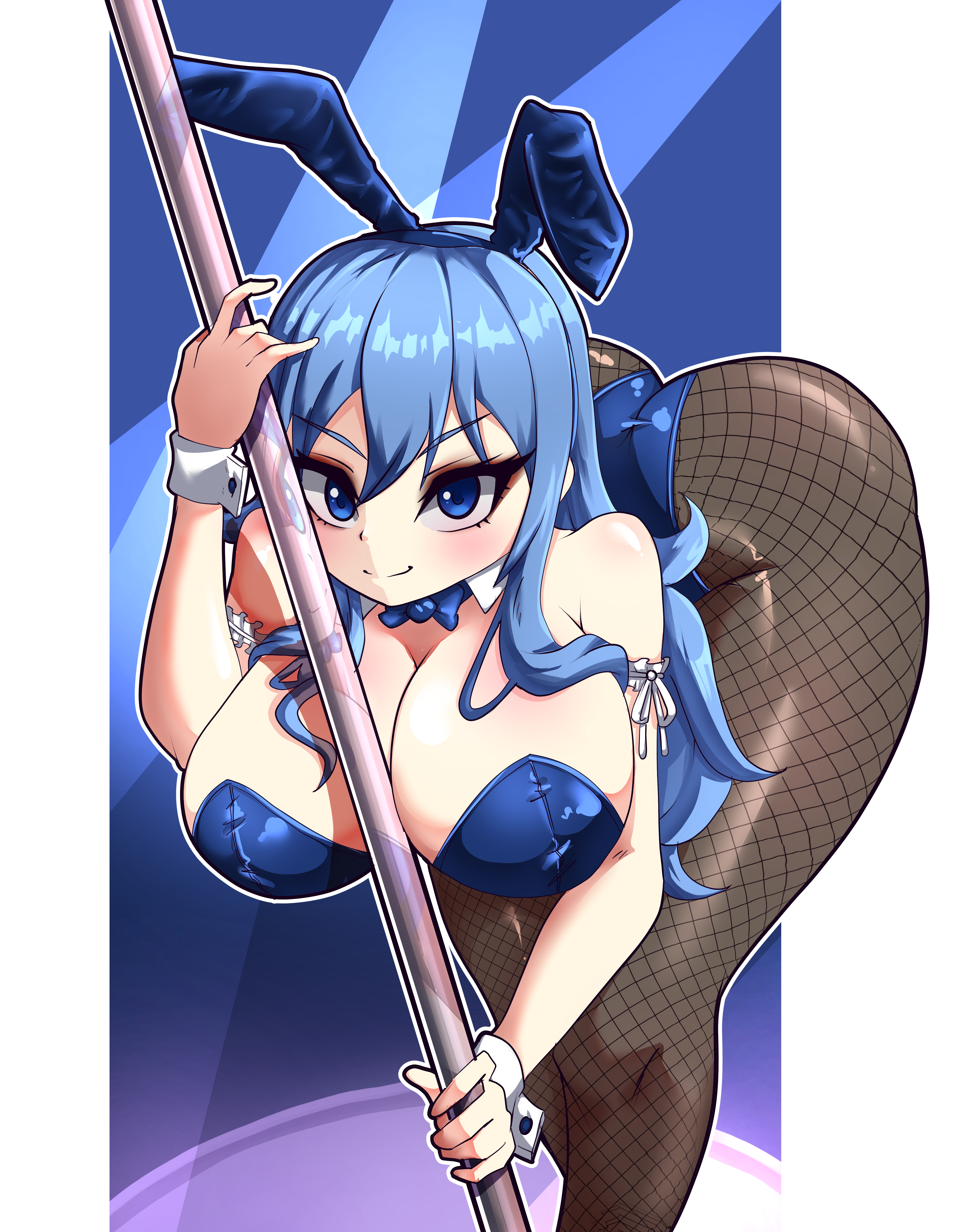 1girls, arched back, ass, bare shoulders, bent over, big breasts, blue eyes, blue hair, blue-haired female, blush, breasts, bubble ass, bubble butt, bunny ears, bunny girl, bunnysuit, busty, cleavage, clothed, clothing, cuffs, dress, erect nipples, erect nipples under clothes, eyelashes, fairy tail, fat ass, female, female focus, female only, fishnet legwear, fishnet pantyhose, fishnet stockings, fishnets, fully clothed, hairband, hi res, high resolution, highres, juvia lockser, large breasts, light skin, light-skinned female, long hair, looking at viewer, miyako noh, miyako.noh, nipple bulge, nipples, pale skin, pale-skinned female, pantyhose, perky breasts, pinup, pole, pole dancer, pole dancing, sideboob, skimpy, skimpy clothes, skimpy dress, smile, smiling at viewer, solo, solo female, solo focus, very high resolution, wavy hair, wrist cuffs