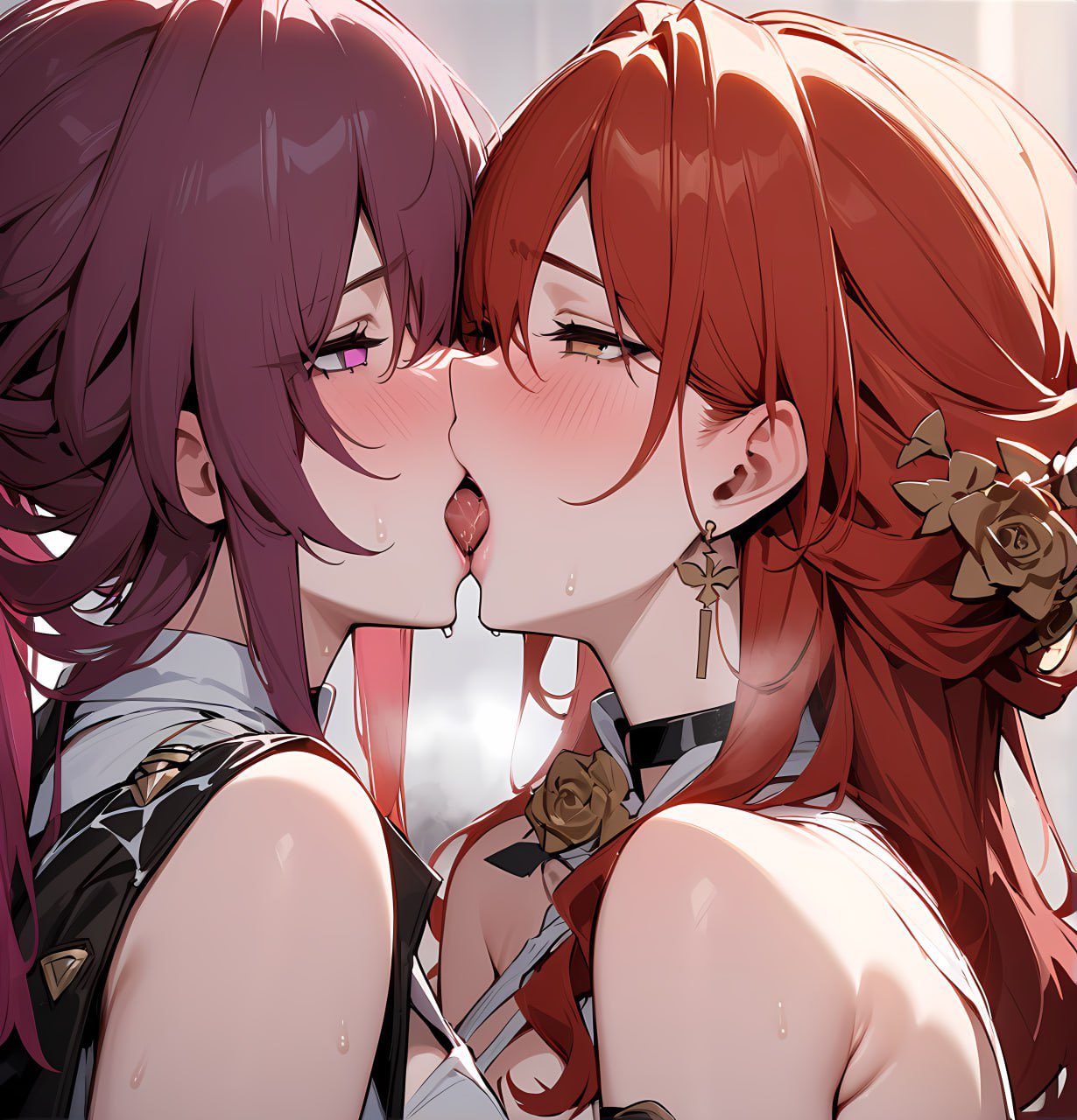 ai generated, blush, enemies to lovers, enemies with benefits, female, himeko (honkai: star rail), honkai (series), honkai: star rail, hoyoverse, kafka (honkai: star rail), kissing, lesbian, lesbian kiss, lesbians, purple hair, red hair, yuri