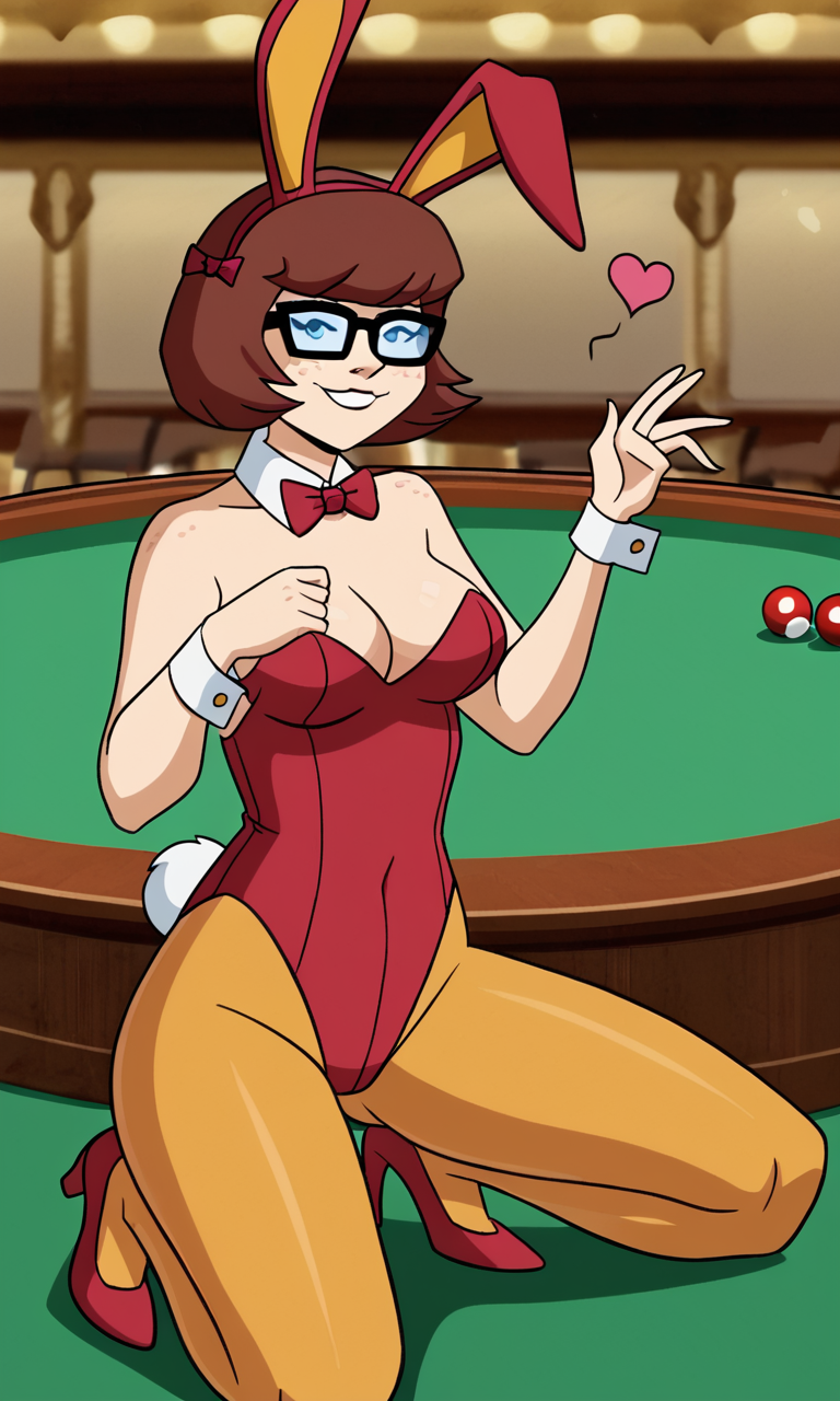 ai_generated ass bigmic145 breasts bunny_ears bunny_girl bunny_tail bunnysuit cartoon_network casino orange_pantyhose pantyhose playboy_bunny red_hair scooby-doo scooby-doo!_mystery_incorporated shoes velma_dinkley velma_dinkley_(mystery_incorporated)