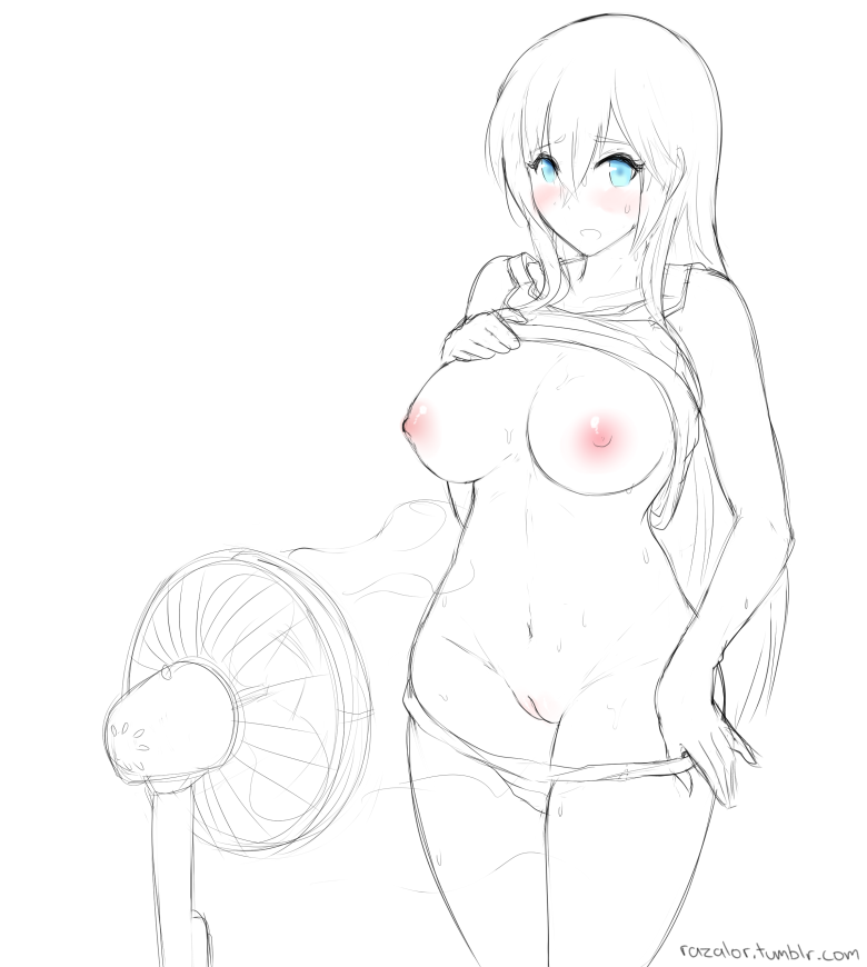 blue_eyes blush breasts cooling_off electric_fan fan fanning_crotch female large_breasts long_hair navel nipples panties panties_down pussy razalor shirt_lift solo standing sweat tank_top