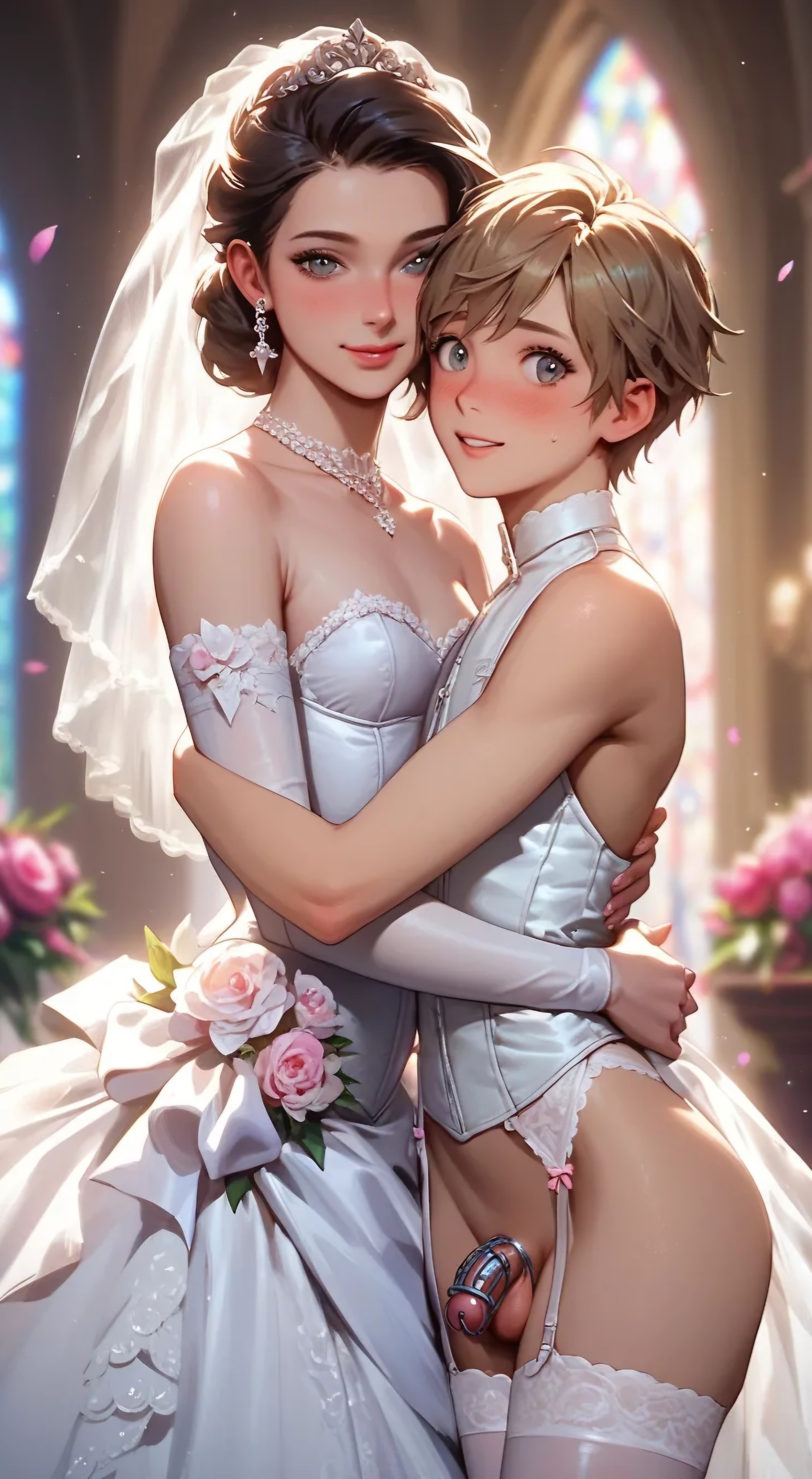 1boy, 1girls, 2d, ai generated, chastity cage, female, femboy, hugging, looking at viewer, male, sissy, stockings, wedding, wedding dress