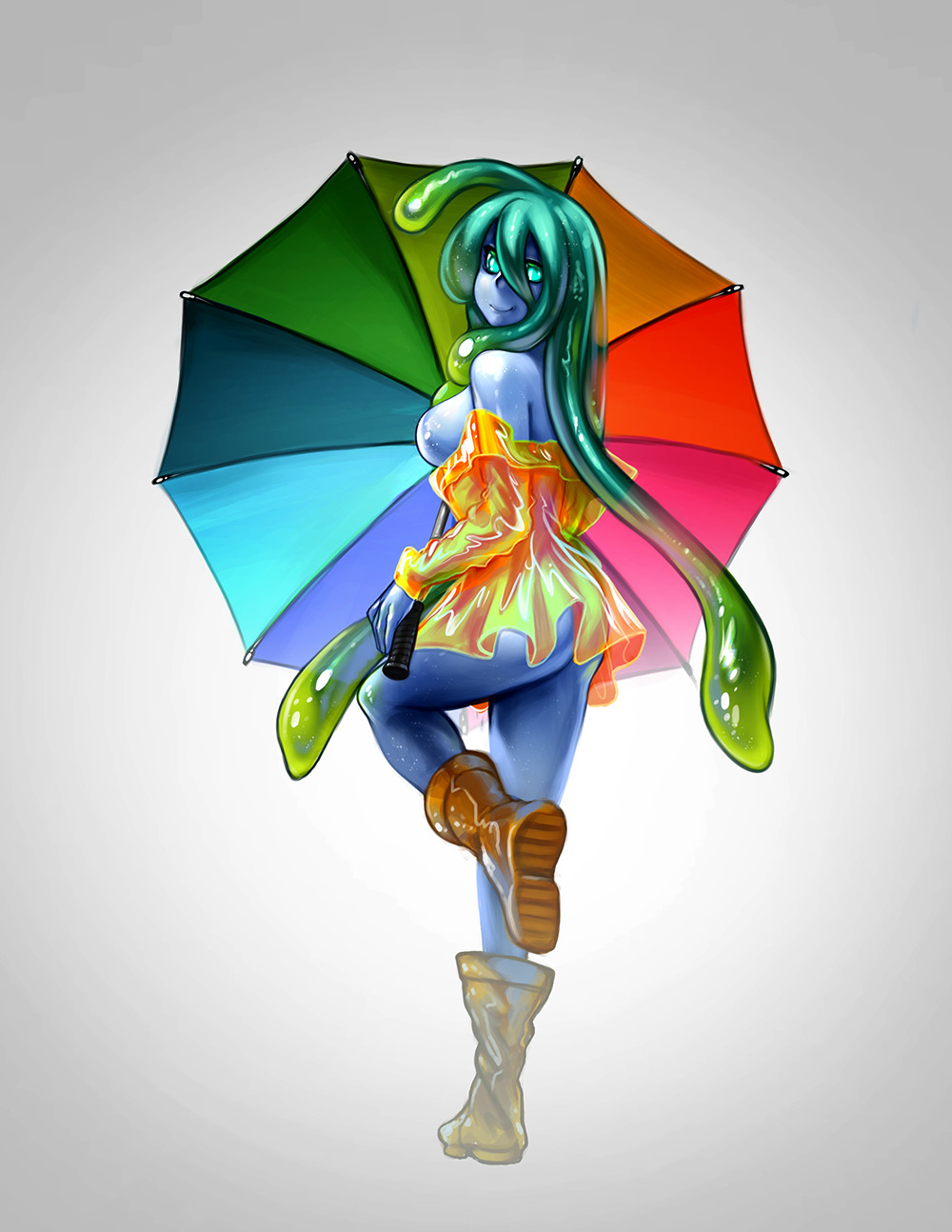 ass bare_shoulders blue_skin boots breasts colored_skin female full_body green_eyes green_hair jpeg long_hair matching_hair/eyes medium_breasts monster_girl monster_musume_no_iru_nichijou naked_raincoat no_nipples off_shoulder rainbow_order raincoat rubber_boots sideboob slime_girl smile solo standing standing_on_one_leg suu_(monster_musume) tentacle_hair umbrella voodoothur