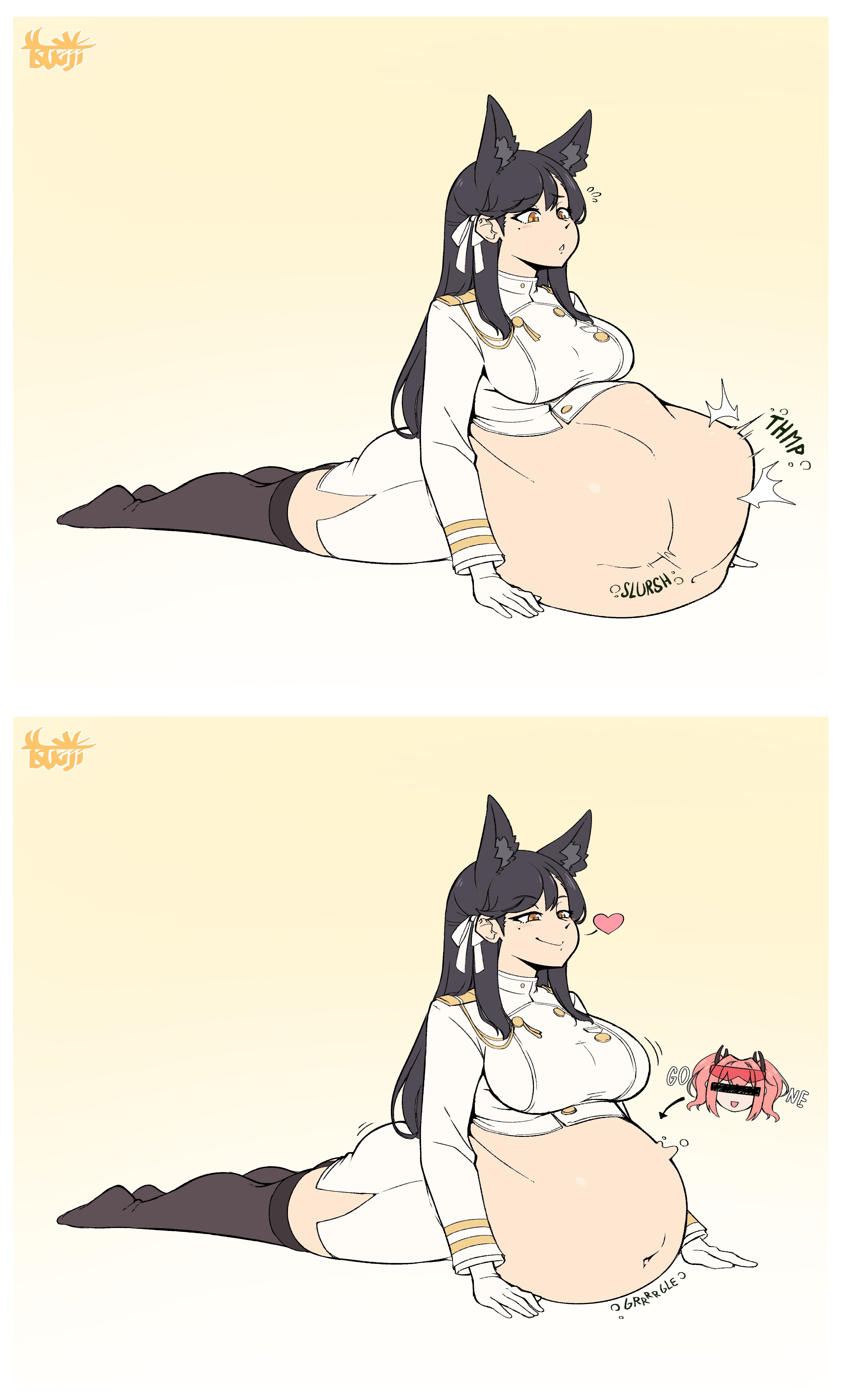 2girls, animal ears, ass expansion, atago (azur lane), azur lane, black hair, breast expansion, breast growth, breast growth (enlargement), breasts, bremerton (azur lane), censored eyes, digestion, female, fox ears, gloves, kemono, kemonomimi, multiple females, multiple girls, on stomach, red hair, signature, tagme, tsukiji, vore, vore belly, weight gain