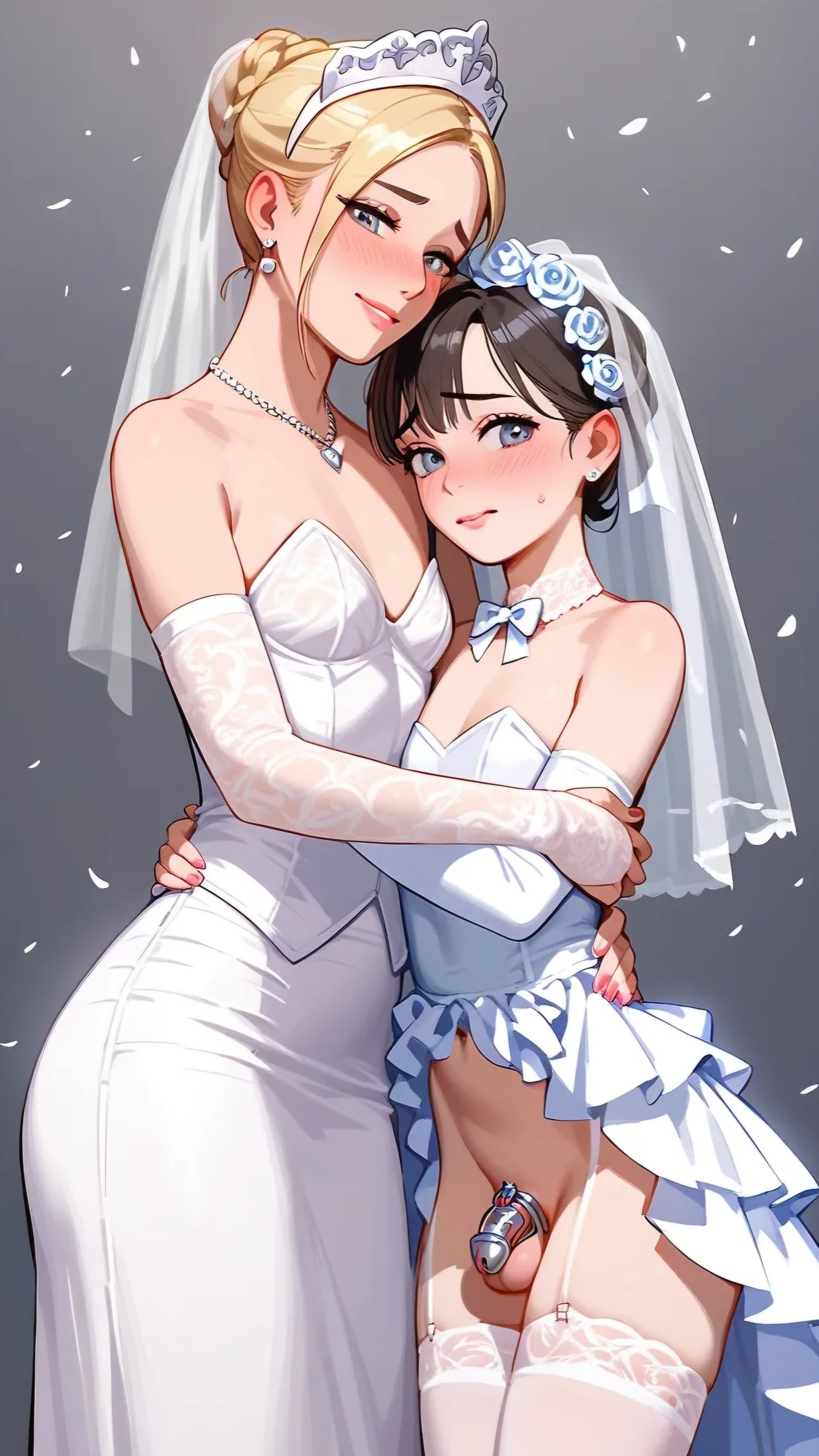 1boy, 1girls, 2d, ai generated, chastity cage, female, femboy, hugging, male, male bride, male wife, sissy, stockings, wedding, wedding dress