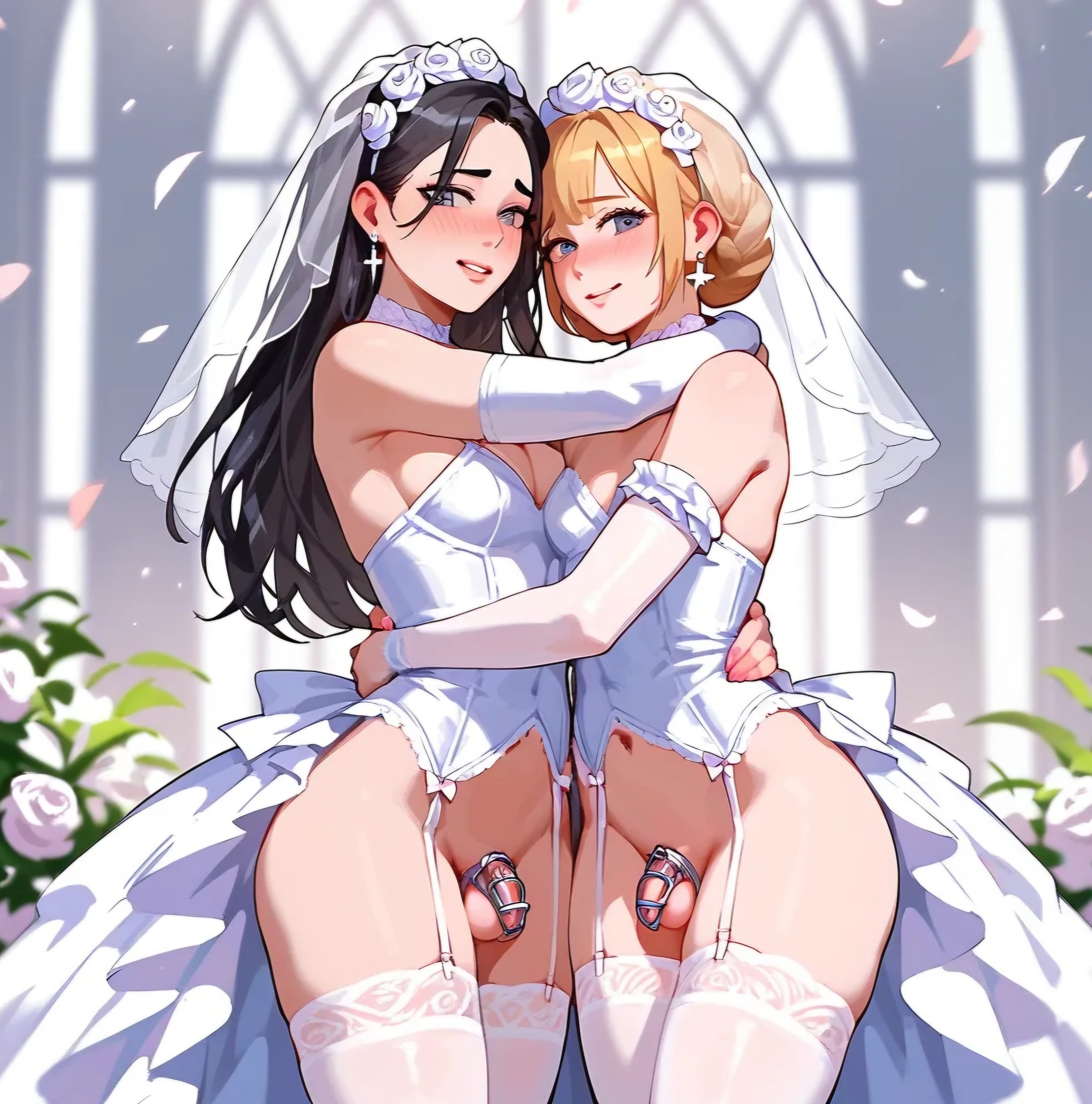 2d, 2femboys, ai generated, breasts, chastity cage, femboy, futanari, hugging, intersex, male, sissy, small breasts, wedding lingerie
