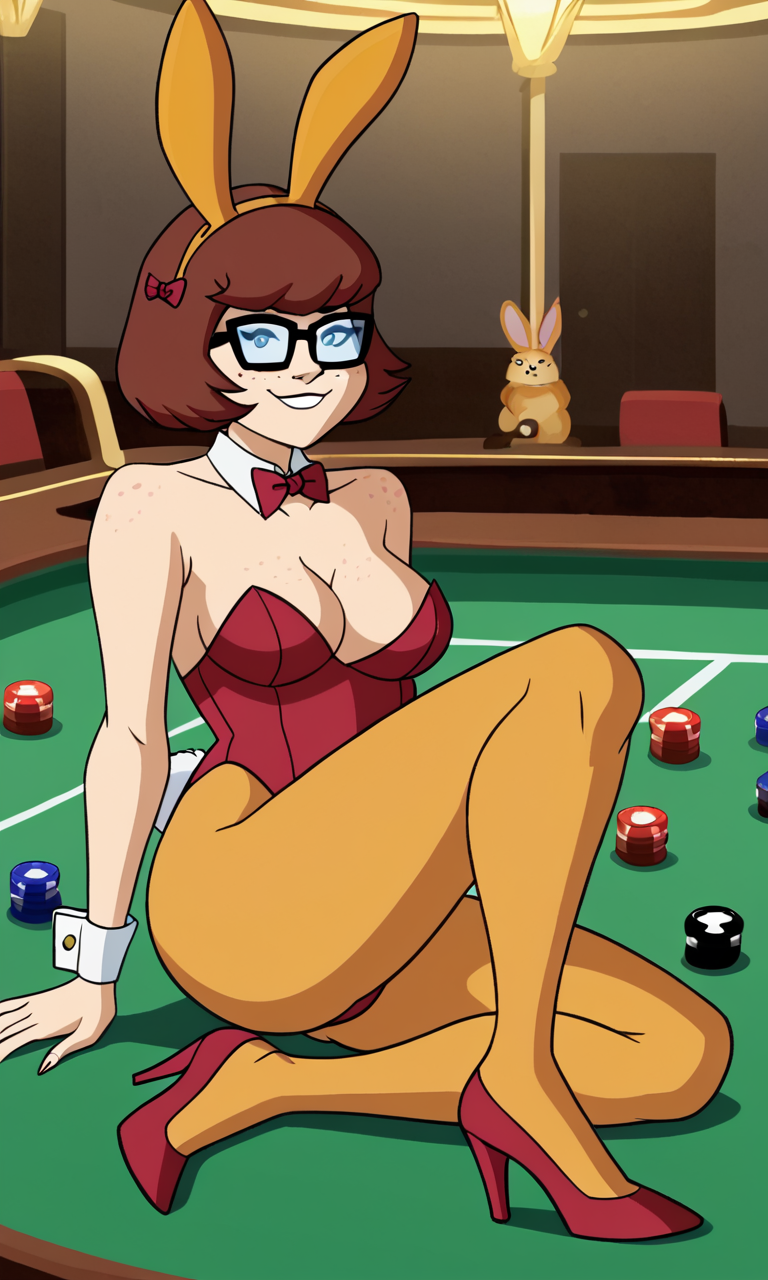 ai_generated ass bigmic145 breasts bunny_ears bunny_girl bunny_tail bunnysuit cartoon_network casino orange_pantyhose pantyhose playboy_bunny red_hair scooby-doo scooby-doo!_mystery_incorporated shoes velma_dinkley velma_dinkley_(mystery_incorporated)