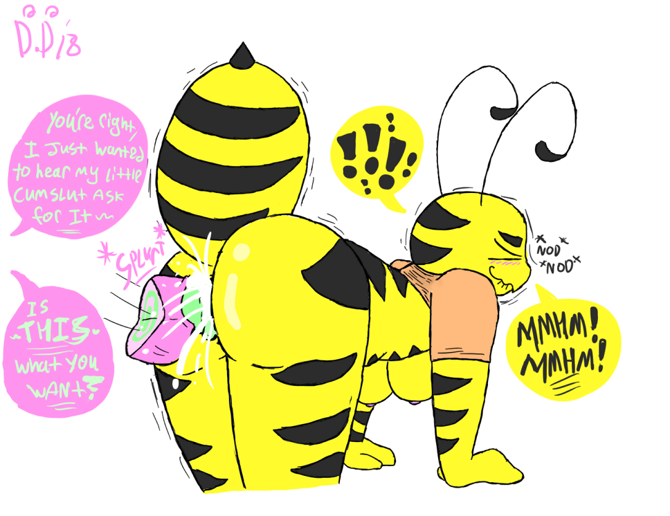 antennae anthro ass bee bent_over blush breasts comic cum_in_pussy cum_inside dialogue dunwichdaddy english_text female greta_(dunwichdaddy) insect_abdomen insects male moaning nipples shirt_only striped_body tagme underboob vaginal_penetration yellow_skin