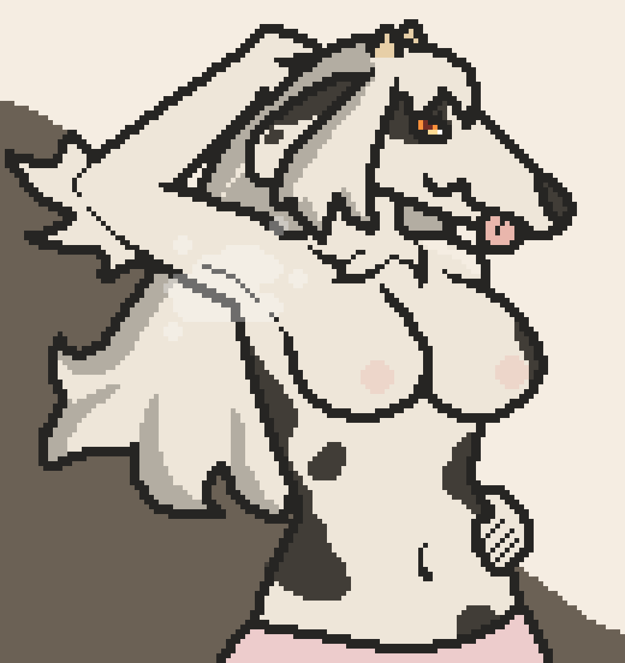 anthro bovid bovine breasts canid canine canis cattle cowface digital_media_(artwork) domestic_dog female floppy_ears fur hair horn hunting_dog hybrid mammal markings navel neckfluff nipples oxana_(cowface) pixel_(artwork) sighthound solo spots spotted_body steam tongue tongue_out white_body white_fur yellow_eyes