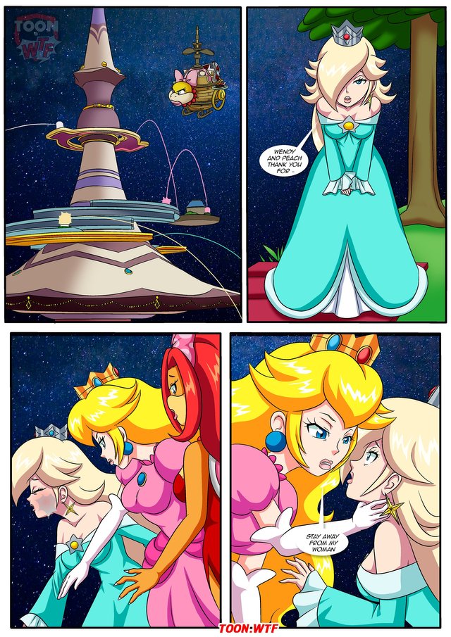 anthro bbmbbf blue_dress comic female_only mario_(series) page_14 palcomix pink_dress princess_peach princess_rosalina red_dress slap slap_mark wendy_o._koopa yuri