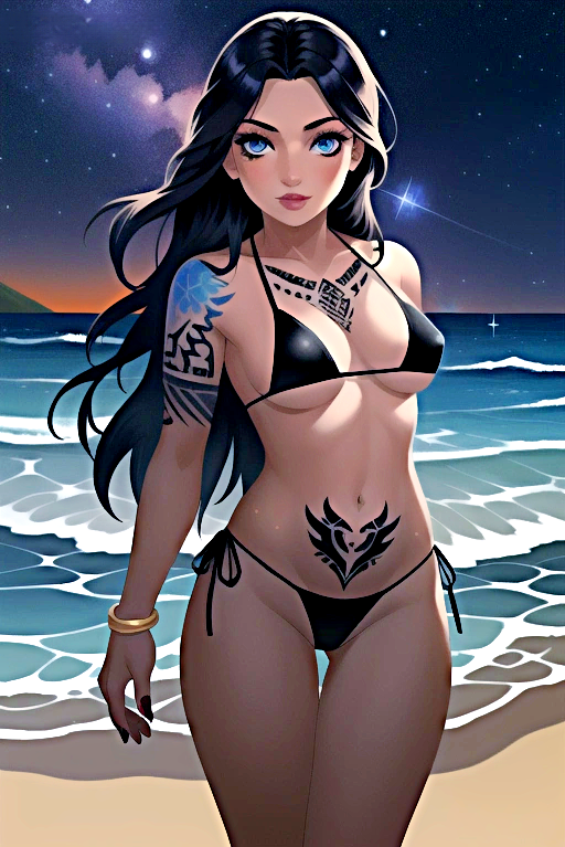 1girls ai_generated bangle beach bikini bikini_bottom bikini_top black_hair black_nails blue_eyes breasts clothed clothed_female female female_only jfxjxf long_hair looking_at_viewer night night_sky ocean small_breasts solo solo_female solo_focus standing starry_sky stars swimsuit tattoo_on_butt tattoo_on_chest tattooed_arm tattoos thick_lips water