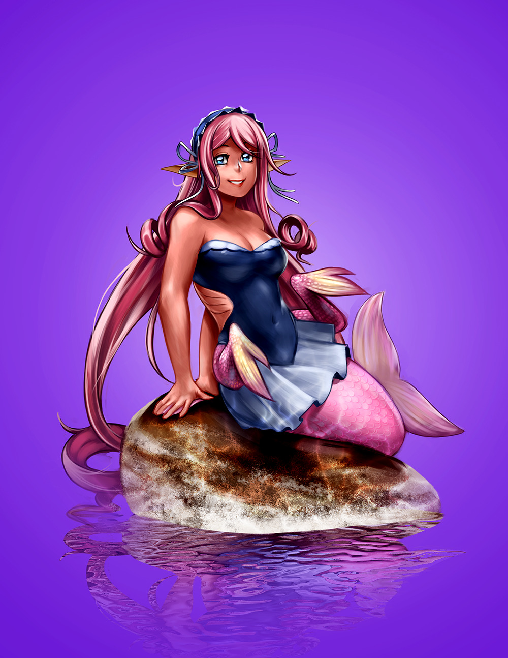 blue_eyes blue_skirt blue_swimwear female fish_tail gills jpeg long_hair mermaid mermaid_tail meroune_lorelei monster_girl monster_musume_no_iru_nichijou pink_hair pink_tail pointy_ears rock sitting sitting_sideways skirt smile voodoothur water