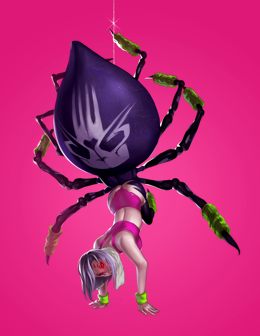 6_eyes exercise hanging_upside_down insect lavender_hair leg_warmers monster_girl monster_musume_no_iru_nichijou multi_eye multi_leg multi_limb pink_bottomwear pink_topwear rachnera_arachnera red_eyes spider_girl taur topwear towel training upside-down voodoothur wrist_warmers wristband