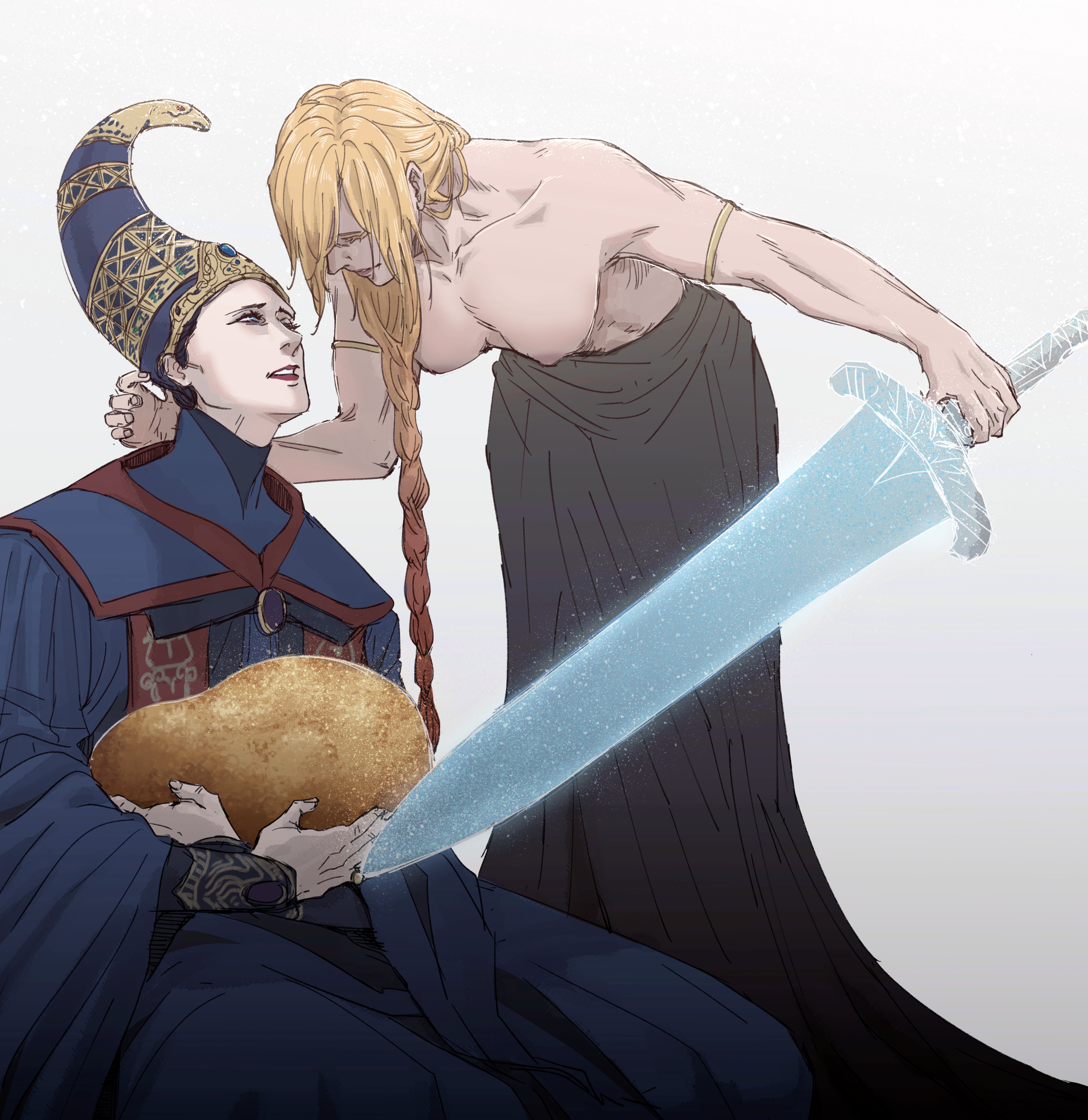 blonde hair, breasts, elden ring, female, female only, fromsoftware, queen marika the eternal, red4lert, rennala queen of the full moon, topless, topless female, yuri