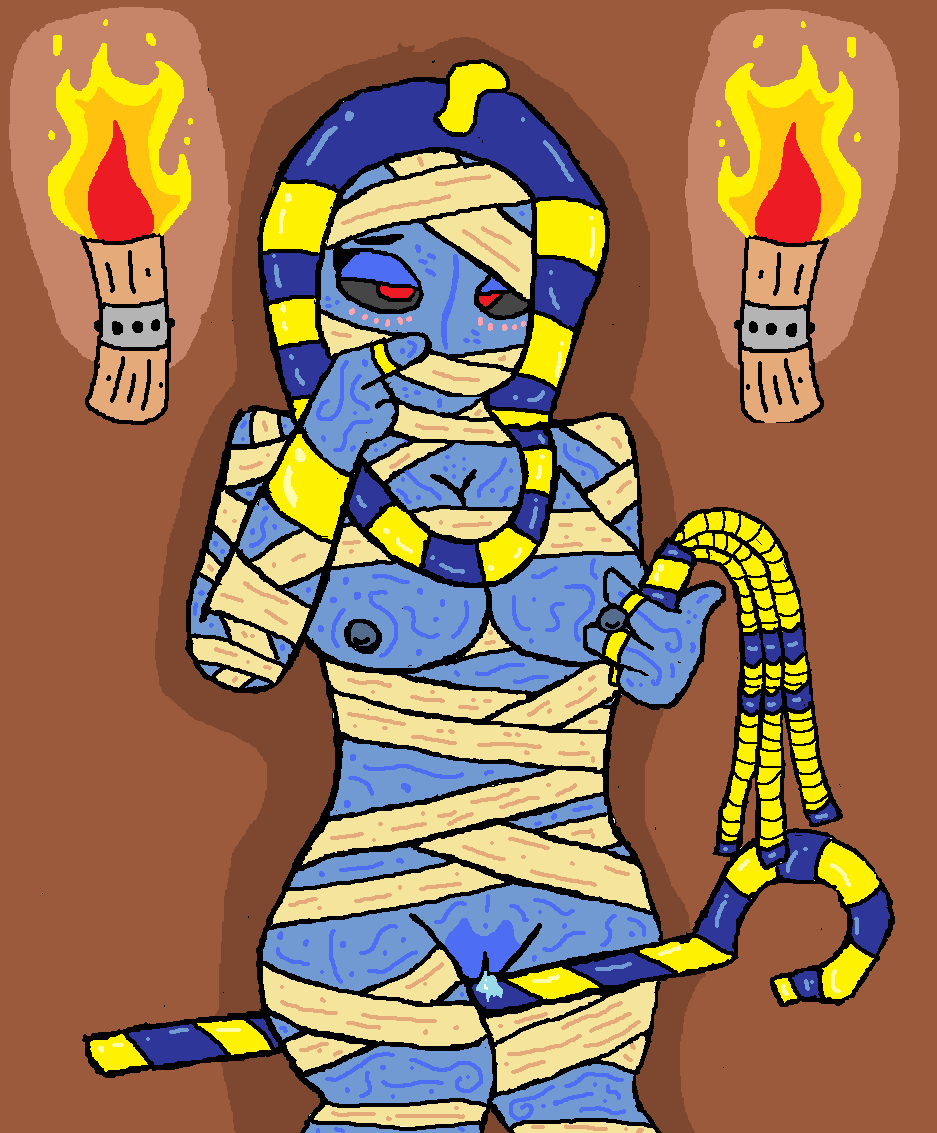 bandages blue_skin bodily_fluids corpse dunwichdaddy egyptian_headdress female mummy nipples original_character pussy tagme