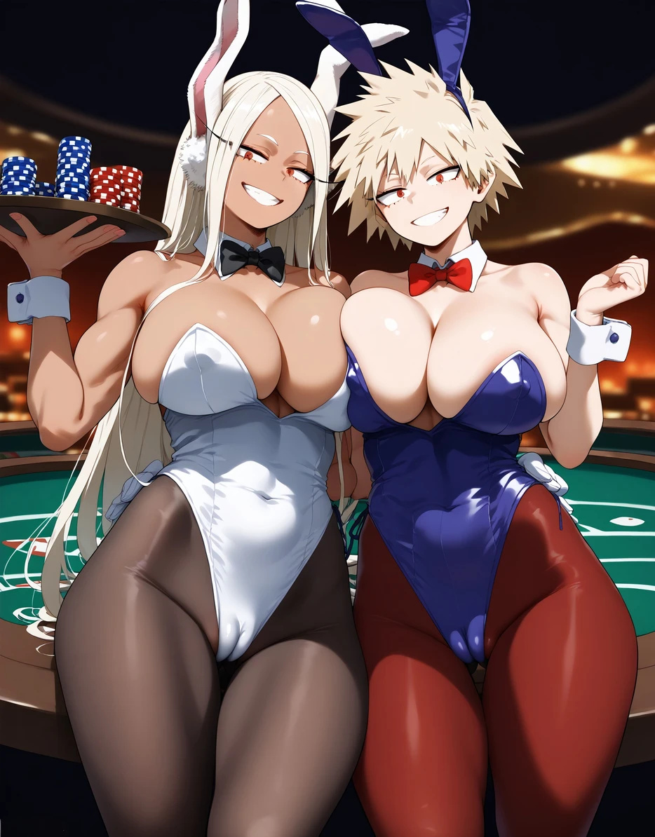 ai_generated athletic_female bare_legs big_breasts blonde_hair boku_no_hero_academia breast_squeeze breasts_squeezed_together bunny_ears bunny_girl bunnysuit dark-skinned_female dark_skin fit fit_female huge_breasts huge_thighs light-skinned_female light_skin long_hair looking_at_viewer massive_breasts mature_female milf miruko mitsuki_bakugou my_hero_academia pussy_visible_through_clothes rabbit_ears red_eyes rumi_usagiyama short_hair shounen_jump smiling spiky_hair squatting sweat sweatdrop thick_thighs thighs voluptuous voluptuous_female wesker_ai white_hair