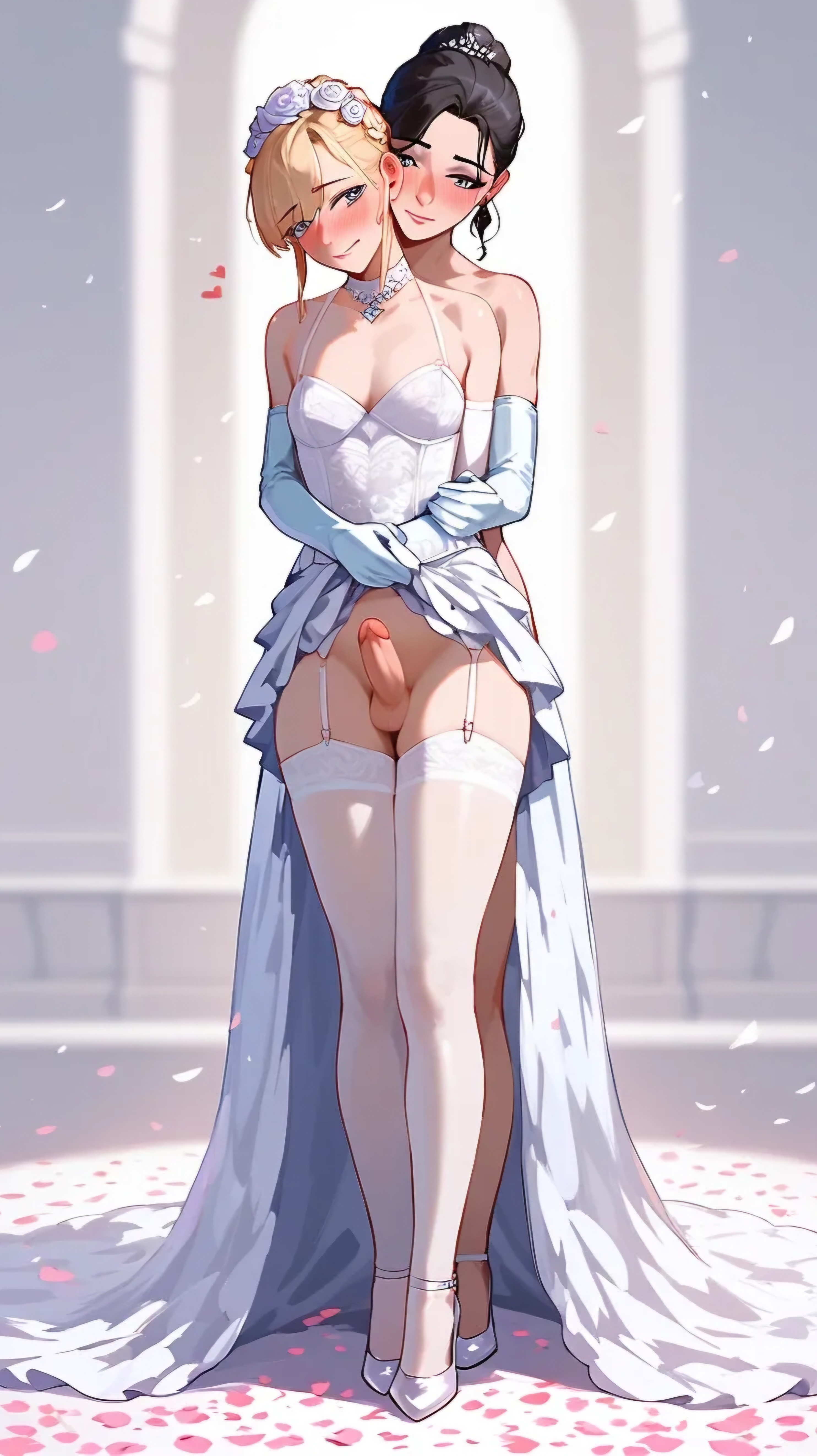 1boy, 1girls, 2d, ai generated, breasts, embarrassed, female, femboy, futanari, hugging from behind, intersex, male, male bride, male wife, sissy, small breasts, wedding, wedding dress