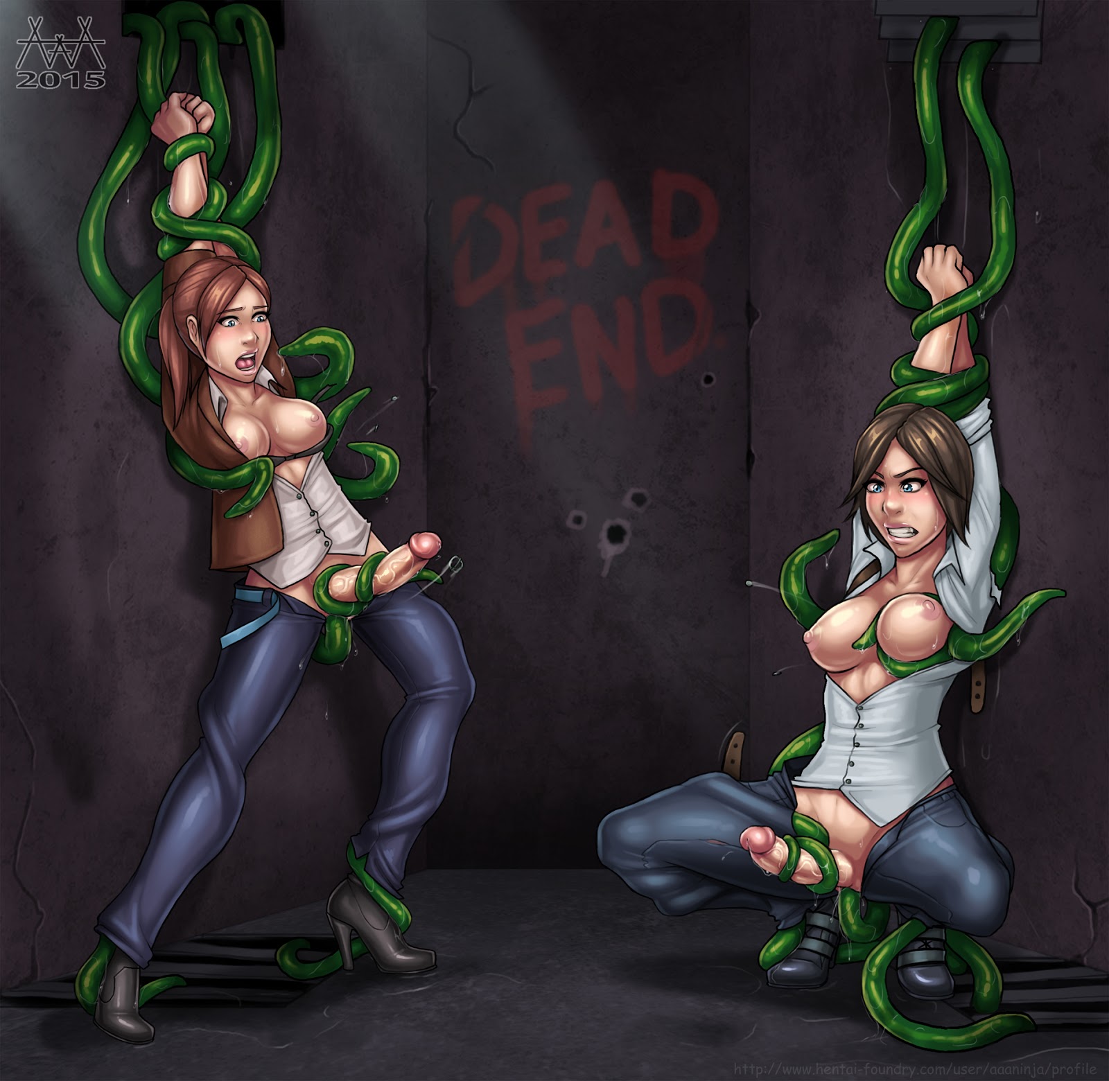 2futas, aaaninja, arms up, black hair, blue eyes, breast grab, breasts, brown hair, capcom, claire redfield, clenched teeth, crossover, dickgirl, erection, futa only, futa sans balls, futa with futa, futanari, futasub, high heels, human, intersex, jacket, juli kidman, large breasts, large penis, nipples, open clothes, open mouth, open shirt, penis, ponytail, resident evil, resident evil revelations 2, restrained, shirt, short hair, squatting, standing, tentacle, tentacle on futa, tentacle sex, tentaclejob, the evil within, tied hair, vaginal insertion