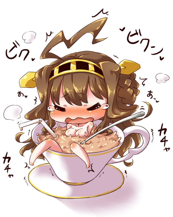 =_= ahoge blush breasts brown_hair chibi double_bun drinking_straw esoragoto female girl_in_a_cup headgear in_cup kantai_collection kongou_(kantai_collection) masturbation solo tea tears wavy_mouth