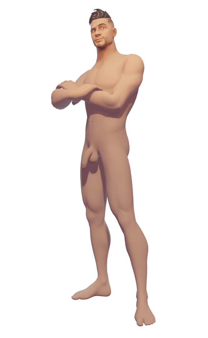 black_hair buzz_cut fortnite hector_(fortnite) human human_only looking_away_from_viewer malakisuglypotato_(artlist) male male_only maverick_(fortnite) no_nipples nude nude_male penis posing raised_eyebrows smile tanned_skin transparent_background