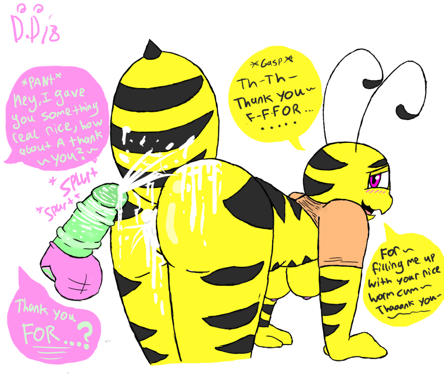 after_sex antennae anthro ass bee bent_over blush breasts comic cum_in_pussy dialogue dunwichdaddy ejaculation english_text female greta_(dunwichdaddy) insect_abdomen insects male nipples penis pink_eyes shirt_only striped_body tagme underboob yellow_skin