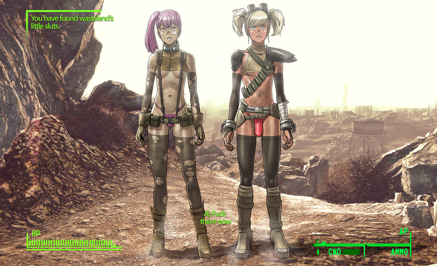 1boy, 1girls, androgynous, balls, balls in panties, belt, bisexual, blonde hair, blue eyes, body piercing, boots, breasts, bulge, clothes, crossdressing, dark skin, dark-skinned femboy, dark-skinned male, elbow gloves, eyewear, fallout, fallout 3, female, femboy, footwear, girly, gloves, goggles, male, navel, nipple piercing, nipples, no artist signature, outdoors, panties, penis, penis in panties, piercing, pink hair, ponytail, standing, suspenders, tan, tanned, tekuho, thighhighs, tied hair, trap, twintails, underboob, underwear, wasteland, yaoi, yellow eyes