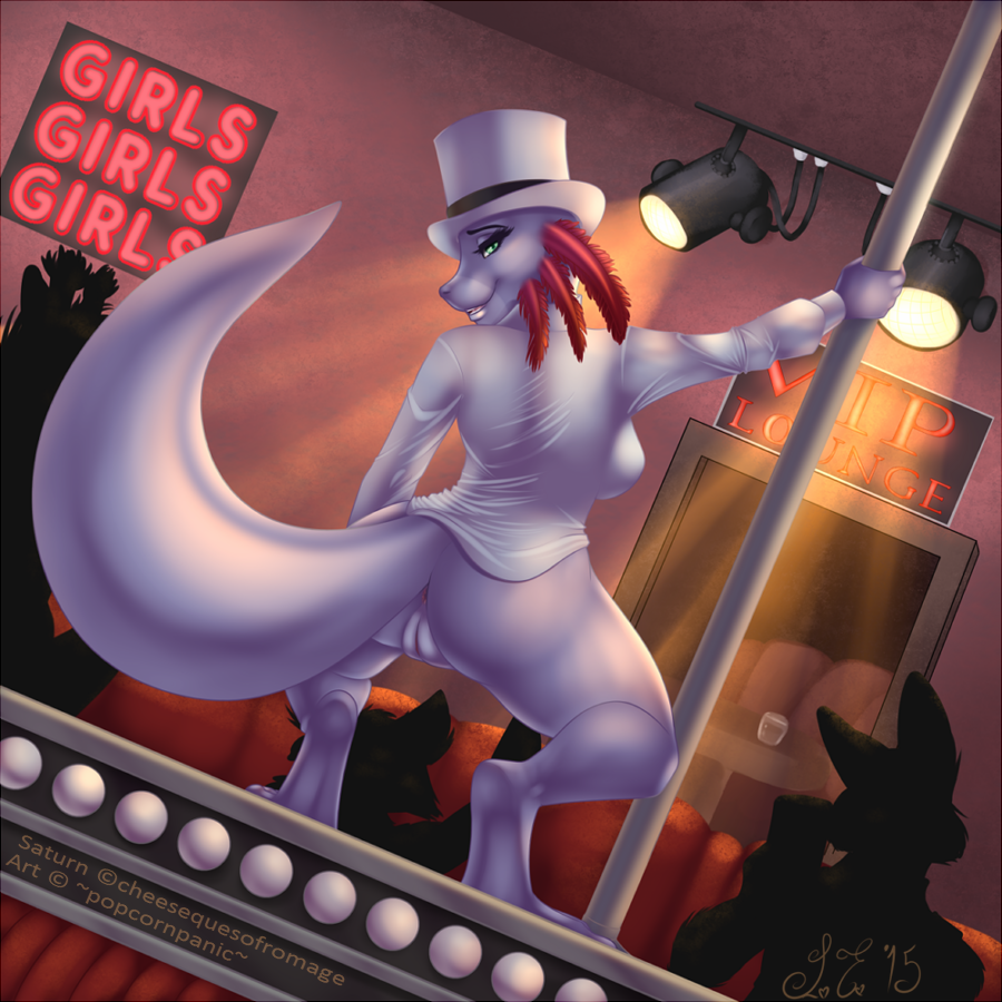 2015 anthro axolotl breasts button clothing dancing female hat inside lights melee_weapon neon_lights pole popcornpanic pussy scalie shadow shirt sideboob sign stage strip_club stripper top undressing weapon