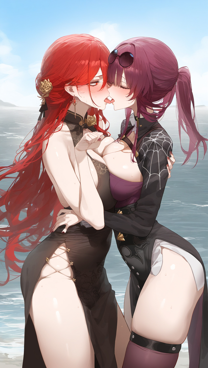 2girls, ai generated, enemies to lovers, enemies with benefits, eyewear on head, female, female only, himeko (honkai: star rail), honkai (series), honkai: star rail, hoyoverse, kafka (honkai: star rail), kissing, lesbian, lesbian kiss, lesbians, purple hair, red hair, yuri