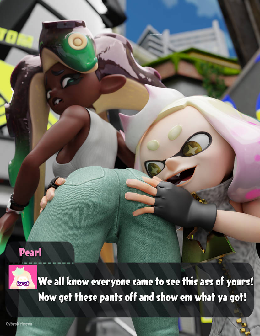 3d ass bubble_butt cybrokrimson groping_ass groping_from_behind jeans marina_(octo_expansion) marina_(splatoon) marina_(wo262) pearl_(splatoon) shocked_expression splatoon text_box