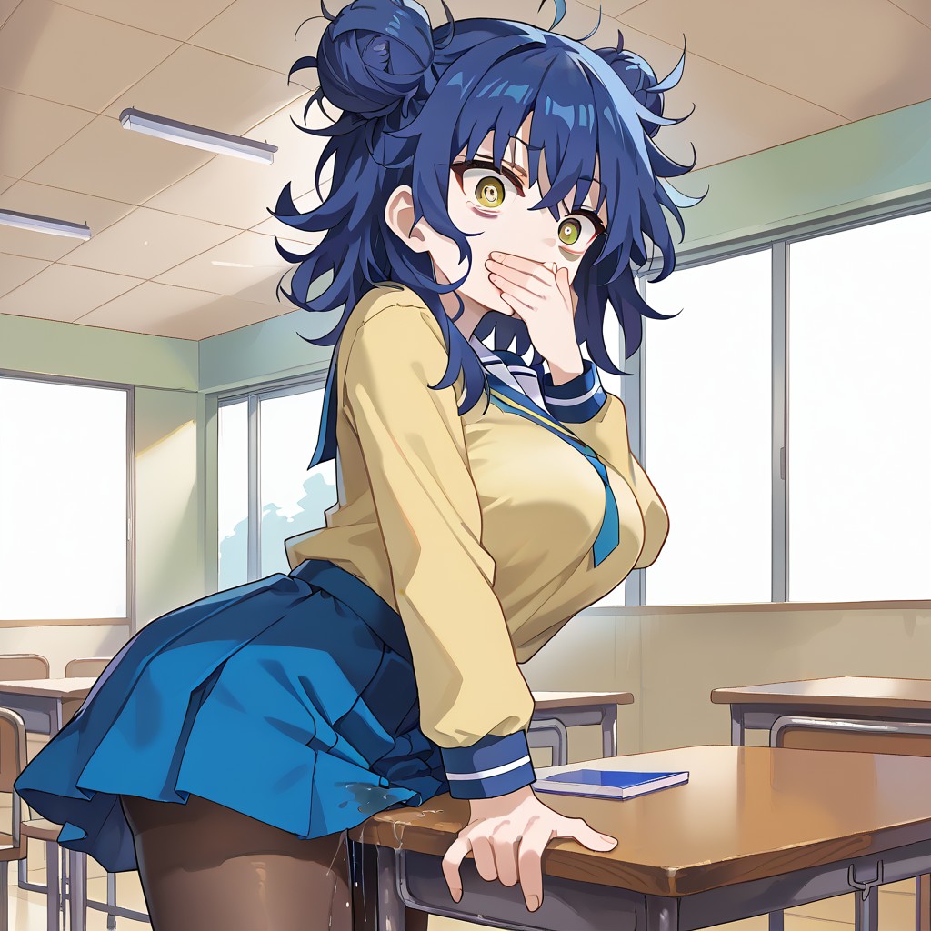 ai_generated blue_frog blue_hair covering_mouth hair_buns hand_covering_mouth highschool original_character school_uniform schoolgirl_uniform table_humping vaginal_fluids yellow_eyes