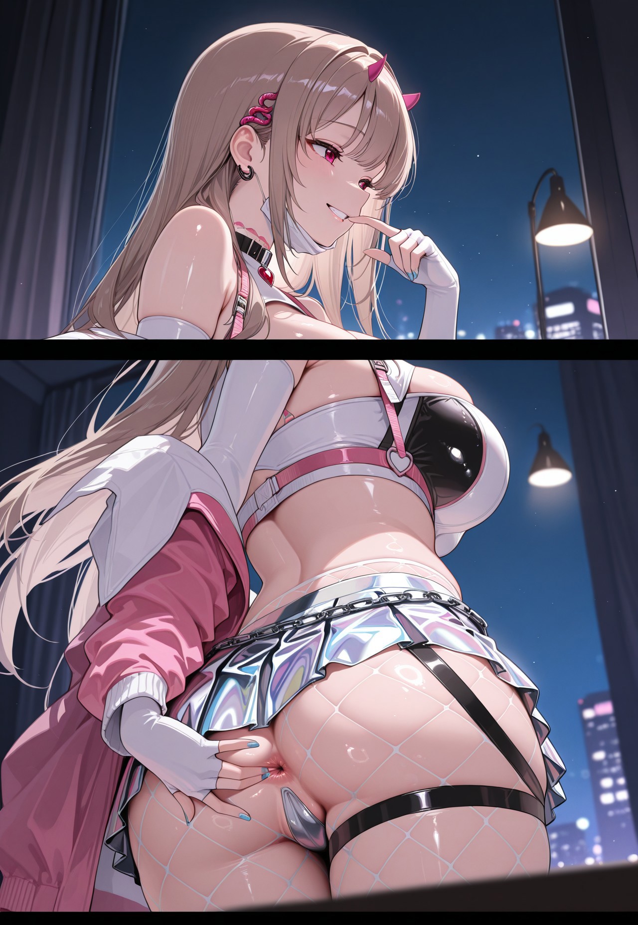 ai generated, ass, big ass, big breasts, breasts, brown hair, earrings, face mask, female, goddess of victory: nikke, grin, horn, nail polish, night, night time, pink eyes, pink jacket, scratch and sniff, scratching butt, shiny skin, smug, sniffing ass, sniffing fingers, standing, viper (nikke), white skirt