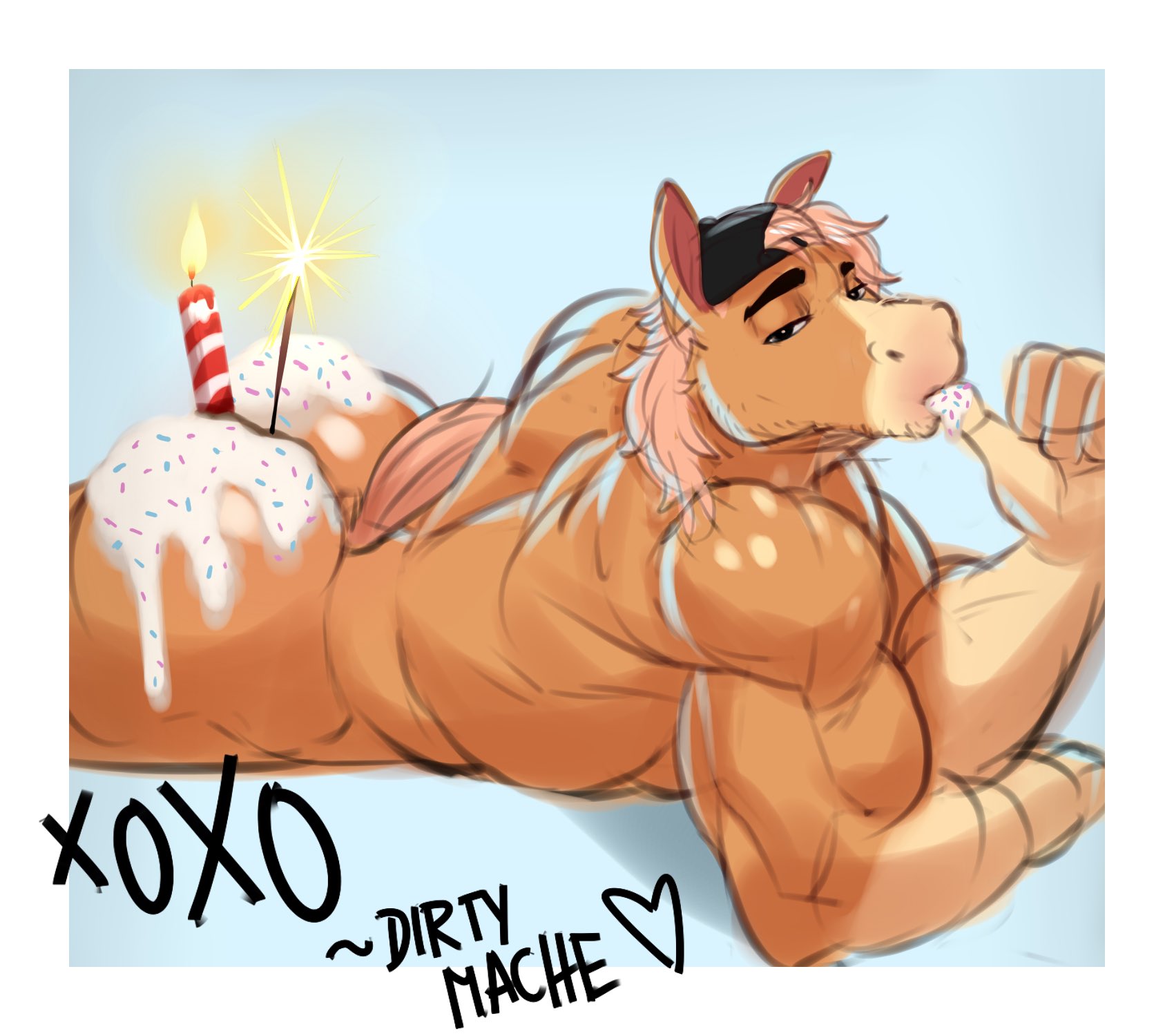 bara, caked up, candle, candlestick, cap, dirtymache, equine, furry, gay, happy birthday, huge ass, huge butt, kris (zourik), male, muscular, muscular anthro, muscular male, showing ass, showing off ass, sucking finger, yaoi, zourik
