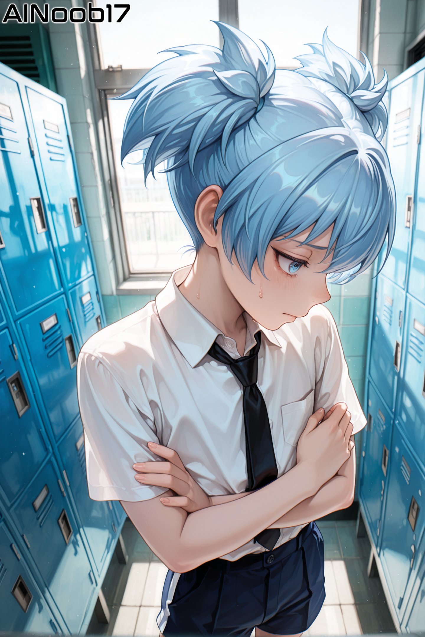 1boy, ai generated, ainoob17, assassination classroom, blue hair, femboy, imminent rape, imminent sex, locker room, male, otoko no ko, otokonoko, rapist pov, school uniform, shiota nagisa, shy, solo, tagme