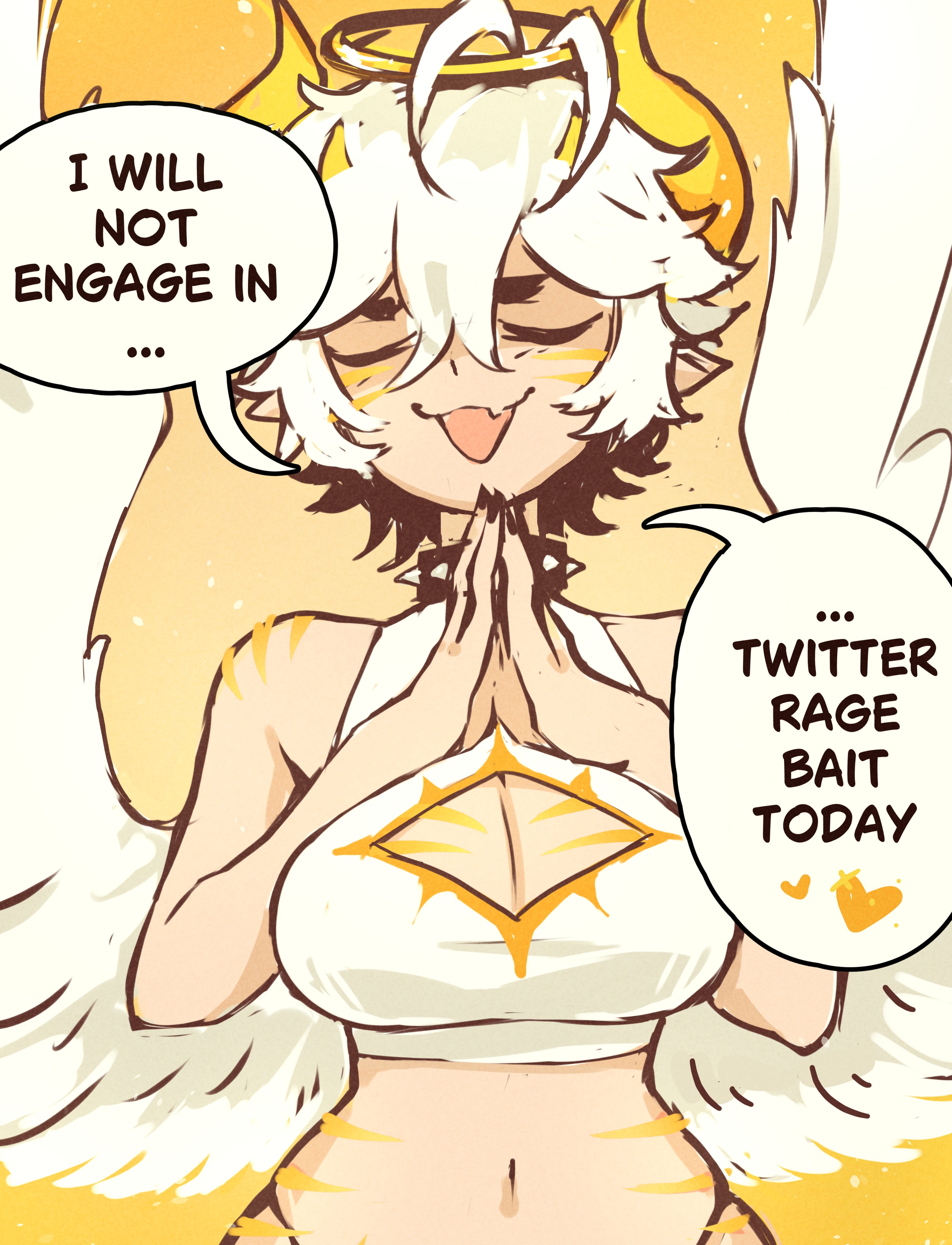 :3, alternate costume, angel, angel wings, belly button, big breasts, black hair, black nail polish, black nails, blaire rune, blairevt, body markings, breasts, cleavage, cleavage cutout, closed eyes, cute fang, demon horns, dialogue, eyes closed, female, gold stripes, hair between eyes, halo, halter top, halterneck, heart symbol, horns, indie virtual youtuber, large breasts, nail polish, nonbinary, oerba yun fang, painted nails, pointy ears, prayer hands, praying, short hair, skin fang, spiked collar, striped body, text, thong straps, uwu, virtual youtuber, vtuber, white hair