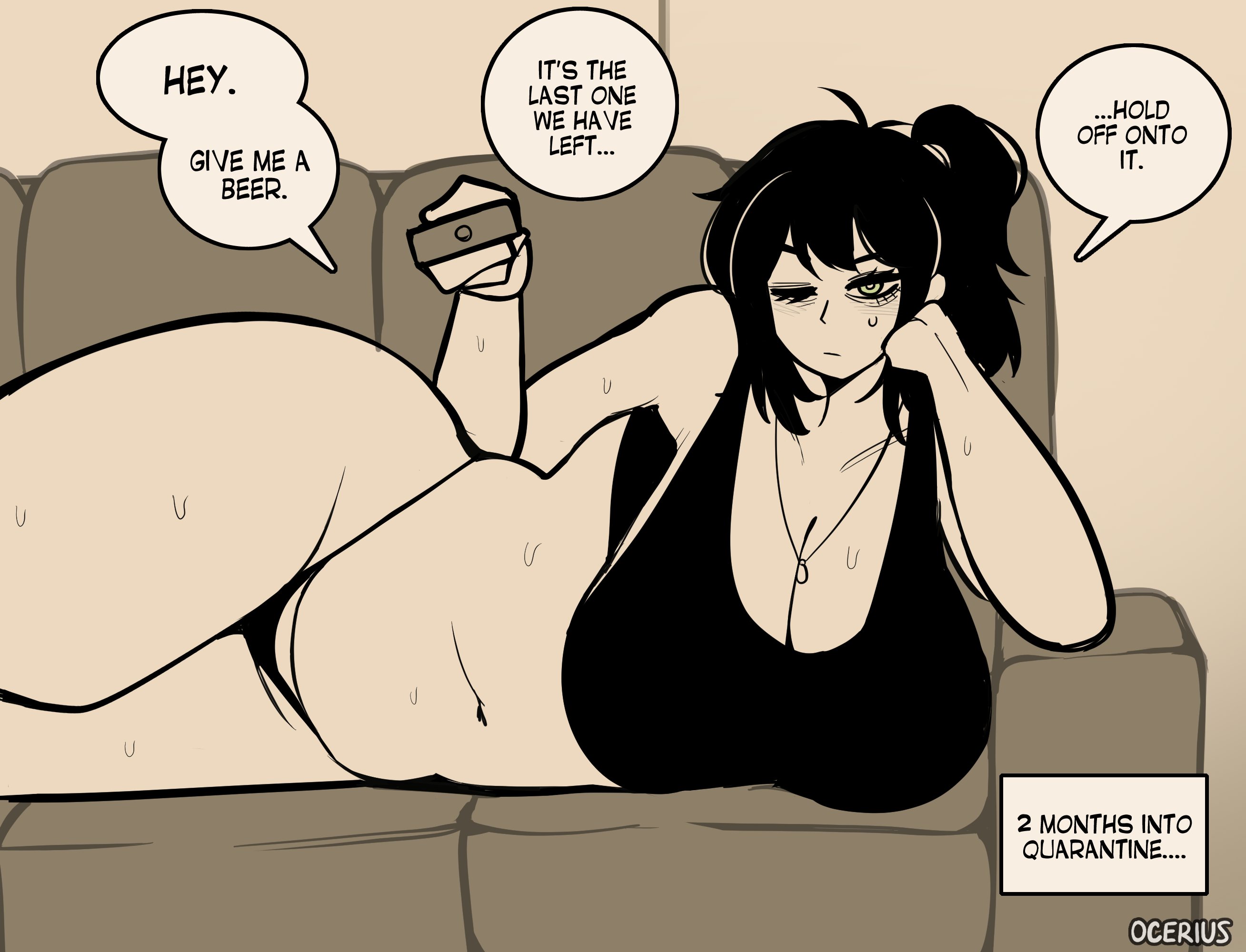 1girls, angry, angry expression, barely clothed, big breasts, black bra, black hair, black panties, bored, bothered, breasts, breasts bigger than head, chubby, chubby female, cleavage, coffin of andy and leyley, dialogue, duplicate, female, female only, green eyes, huge breasts, lying, lying down, massive breasts, milf, mom, mommy, monochrome, mother, mother and son, no pants, ocerius, offscreen character, on sofa, one eye closed, panties, ponytail, quarantine, remote control, renee graves, resting bitch face, resting breasts, sports bra, text, the coffin of andrew and renee, the coffin of andy and leyley, thick thighs, thong, tummy, twitter link, venus body, voluptuous, voluptuous female, watermark, wide hips