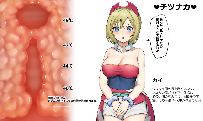 1girls, before sex, blonde hair, blue eyes, breasts, chart, cleavage, female, implied interracial, irida (pokemon), large breasts, nintendo, pipi20211026, pokemon, pokemon legends: arceus, pussy, pussy chart, text, uncensored, x-ray, x-ray view