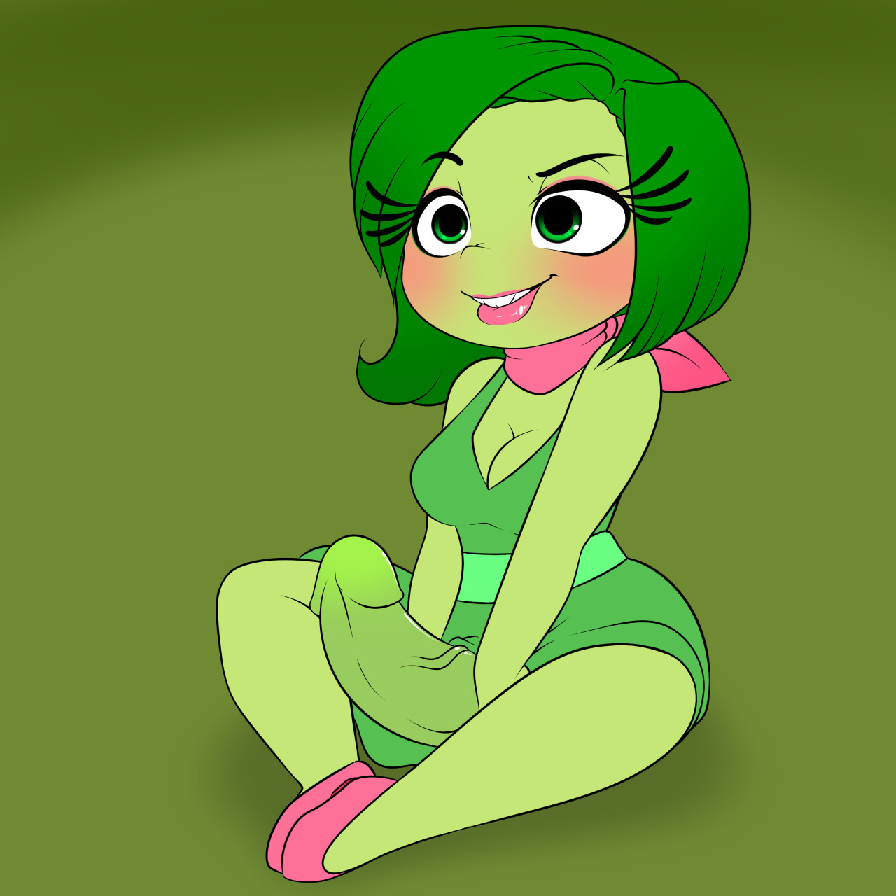 1futa, 2015, ascot, big breasts, big penis, bimbo, blush, breasts, cleavage, clothing, dickgirl, disgust (inside out), disney, dress, eyeliner, eyeshadow, flats, footwear, futa only, futanari, green eyes, green hair, green skin, hair, inside out, intersex, kloudmutt, lipstick, makeup, penis, penis under skirt, pixar, shoes, solo, solo futa, voluptuous