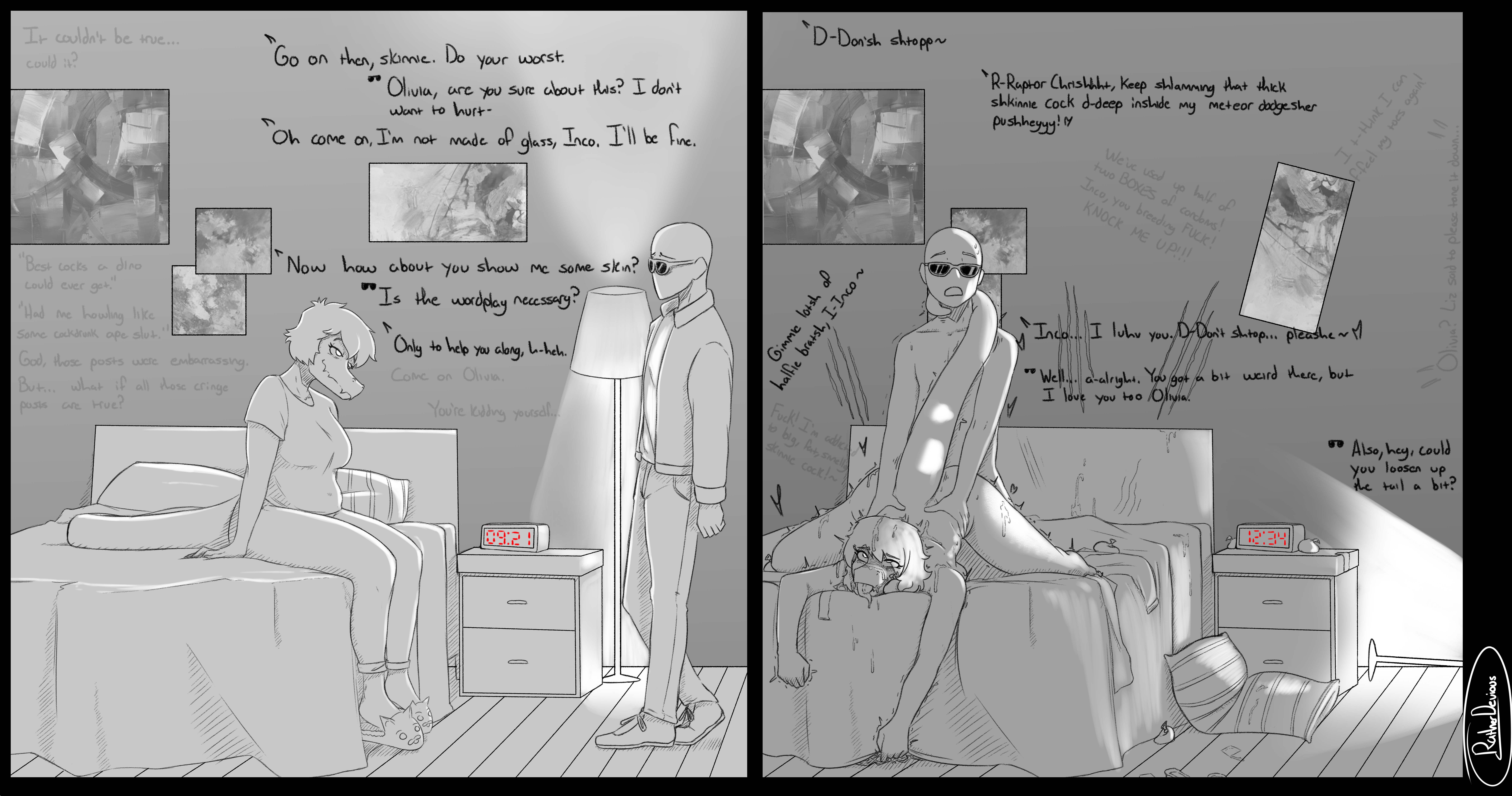 2025, absurd res, alarm clock, anthro, anthro penetrated, artist name, bald, baryonyx, bed, bedroom, black and white, black border, bodily fluids, border, cavemanon studios, clock, clothing, comic, condom, dialogue, dinosaur, doggy style, duo, english text, eyewear, female, female on human, female penetrated, filled condom, footwear, from behind position, furniture, hi res, human, human on anthro, human penetrating, human penetrating anthro, human penetrating female, i wani hug that gator!, inco (iwhtg), inside, interspecies, jacket, lamp, male, male on anthro, male penetrating, male penetrating anthro, male penetrating female, male/female, mammal, monochrome, nude, nude anthro, nude female, nude human, nude male, olivia halford, penetration, prehistoric species, profanity, pussy, ratherdevious, reptile, scalie, scratches, sex, sexual barrier device, shoes, sitting, slippers, smile, snout, spinosaurid, sunglasses, sweat, sweatdrop, tail around neck, tail around partner, tears, tears of pleasure, text, theropod, topwear, vaginal penetration, watermark