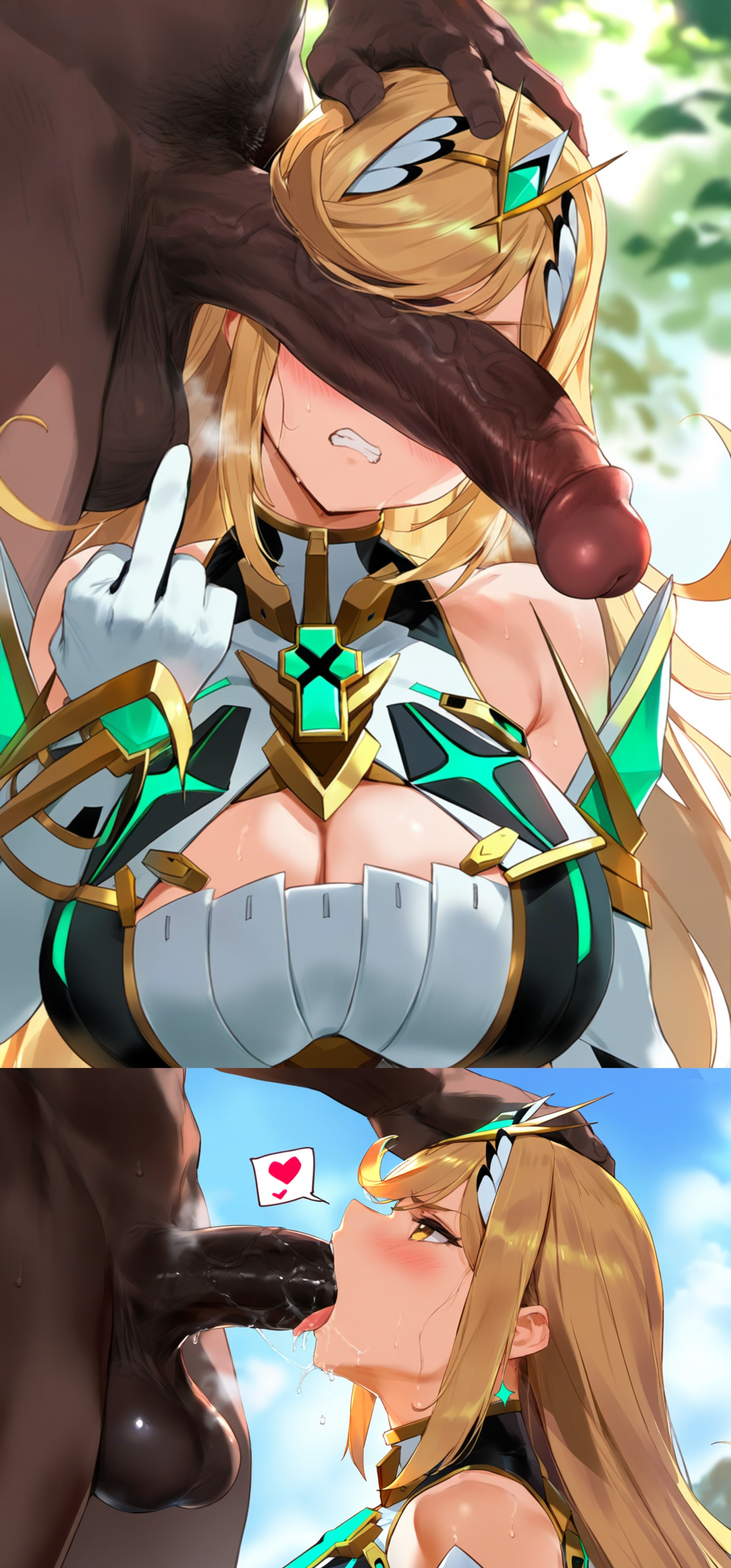 ai generated, ass, balls, big ass, big balls, big breasts, big penis, bitch, blonde female, blonde hair, blowjob, blowjob face, breasts, cheating, cheating girlfriend, cheating whore, cheating wife, cock hungry, cock on face, cock worship, dark penis, dark skin, dark-skinned male, deepthroat, dick on face, facefuck, female, fingers, gold eyes, interracial, interracial sex, long hair, male, middle finger, mythra, netorare, nintendo, ntr, penis, saliva, saliva trail, tomato cake, tsundere, xenoblade (series), xenoblade chronicles 2