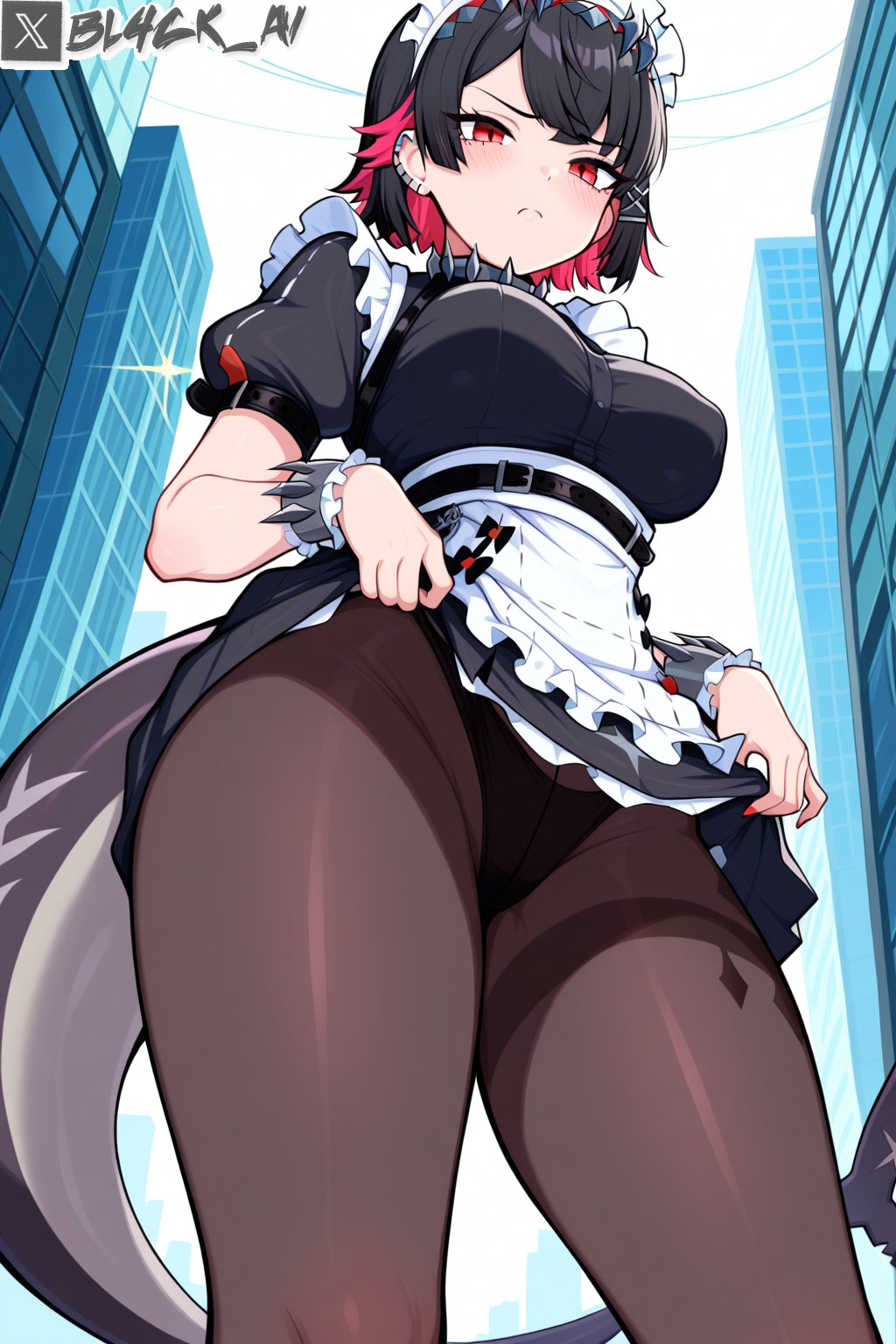 ai generated, bl4ck ai, ellen joe, female, hoyoverse, maid, maid uniform, red eyes, shark tail, simple background, suggestive, thighhighs, thighs, zenless zone zero
