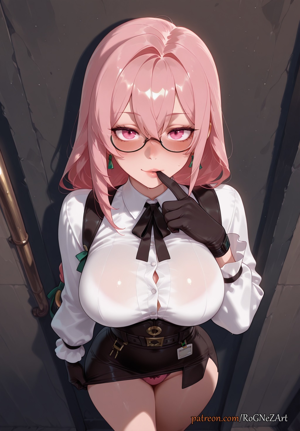2025, ai generated, bangs, belt, biting, black gloves, black skirt, blush, breasts, cleavage, collared shirt, earrings, eye contact, female, female focus, female only, finger to mouth, flushed, glasses, glove biting, gloves, hair between eyes, handwear, highres, hoyoverse, huge breasts, jewelry, large breasts, long hair, long sleeves, looking at viewer, mihoyo, miniskirt, panties, patreon, pencil skirt, pink eyes, pink hair, pink panties, rognezart, semi-rimless eyewear, shirt, skirt, smile, smiling, solo, standing, tsukishiro yanagi, underwear, very long hair, white shirt, zenless zone zero